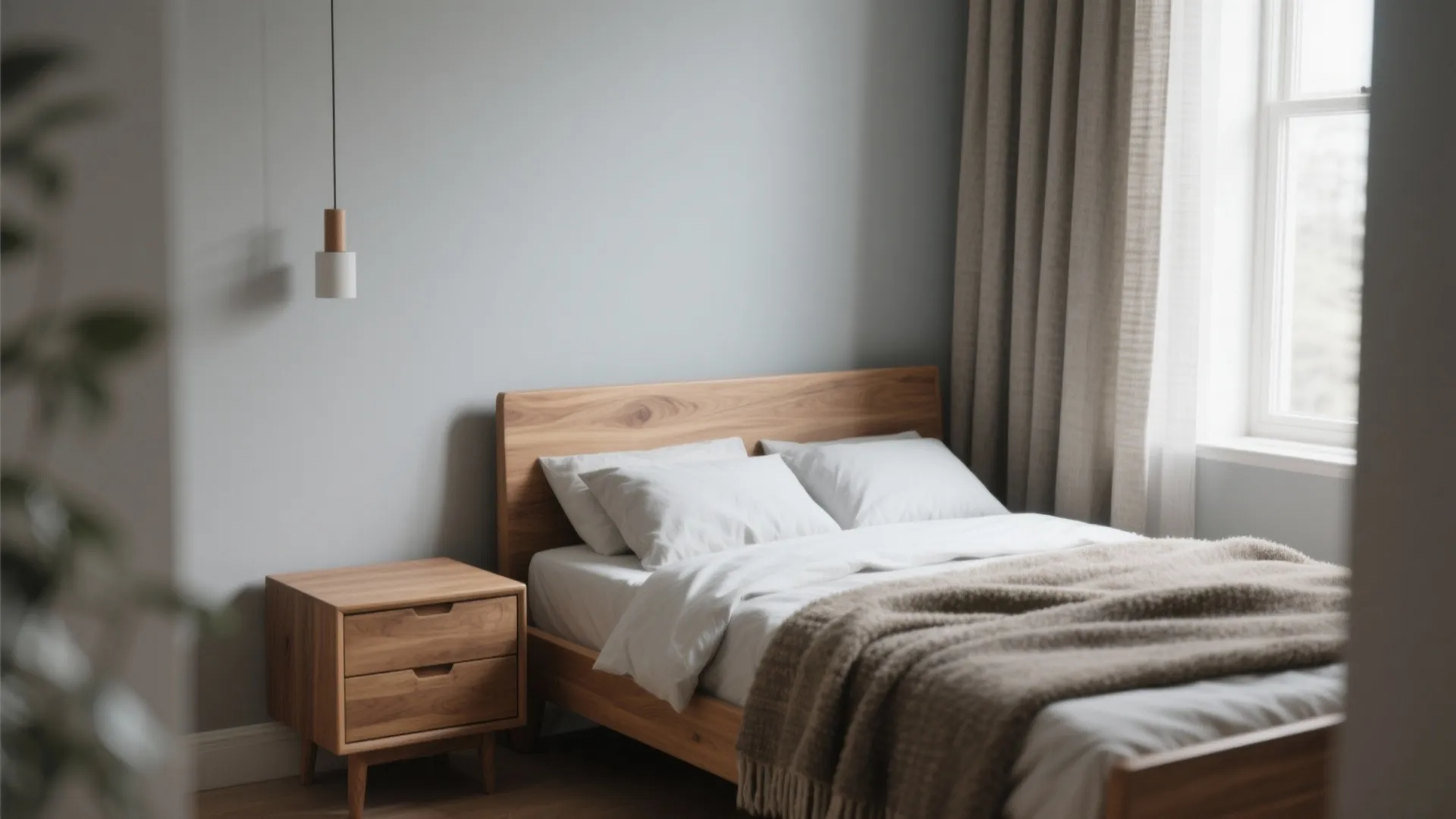 Small bedroom corner with mid-grey walls, warm oak bed and nightstand, and layered textiles.