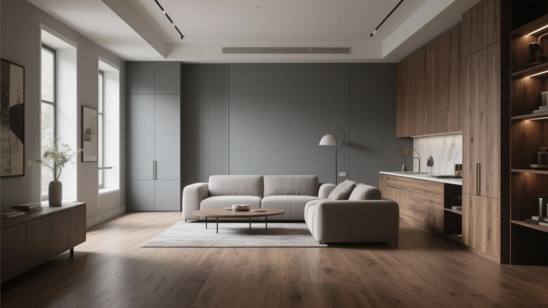 1. Layered greys with warm wood
