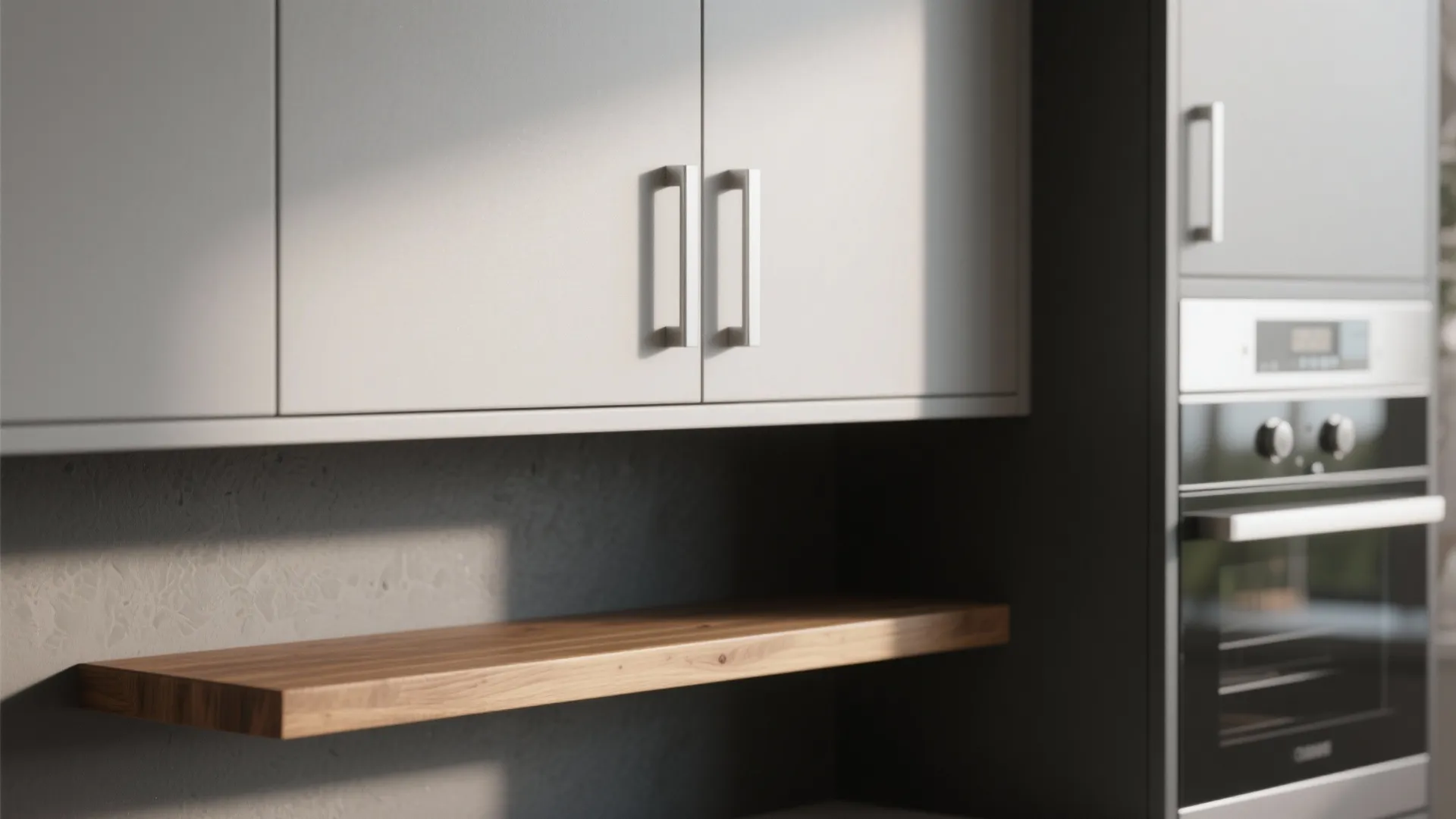 Close up of grey kitchen cabinets with silver handles a wooden shelf and built in oven