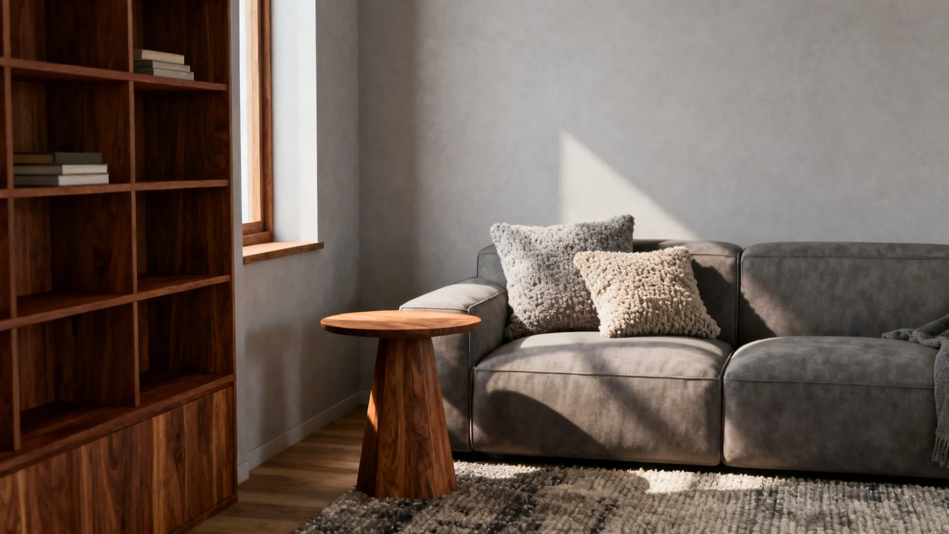 Small living room corner with layered grey tones and warm oak side table.