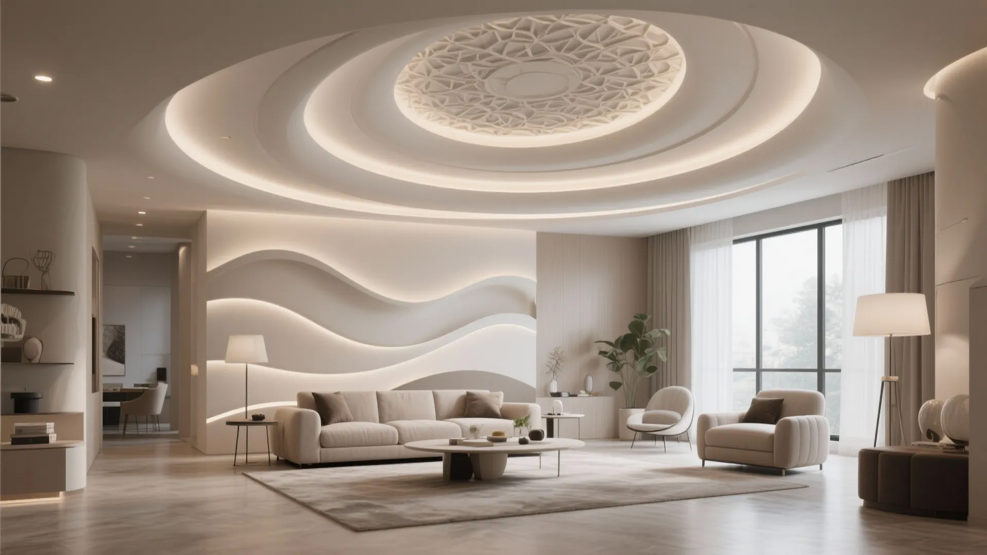 Spacious living room with layered circular ceiling light wavy wall panel beige sofa and rug