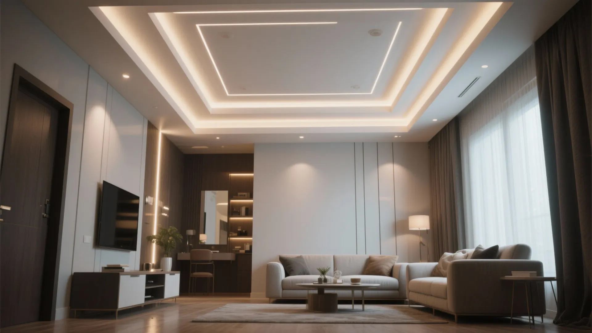 Modern living room with square layered ceiling light fixture white sofa and dark wood door
