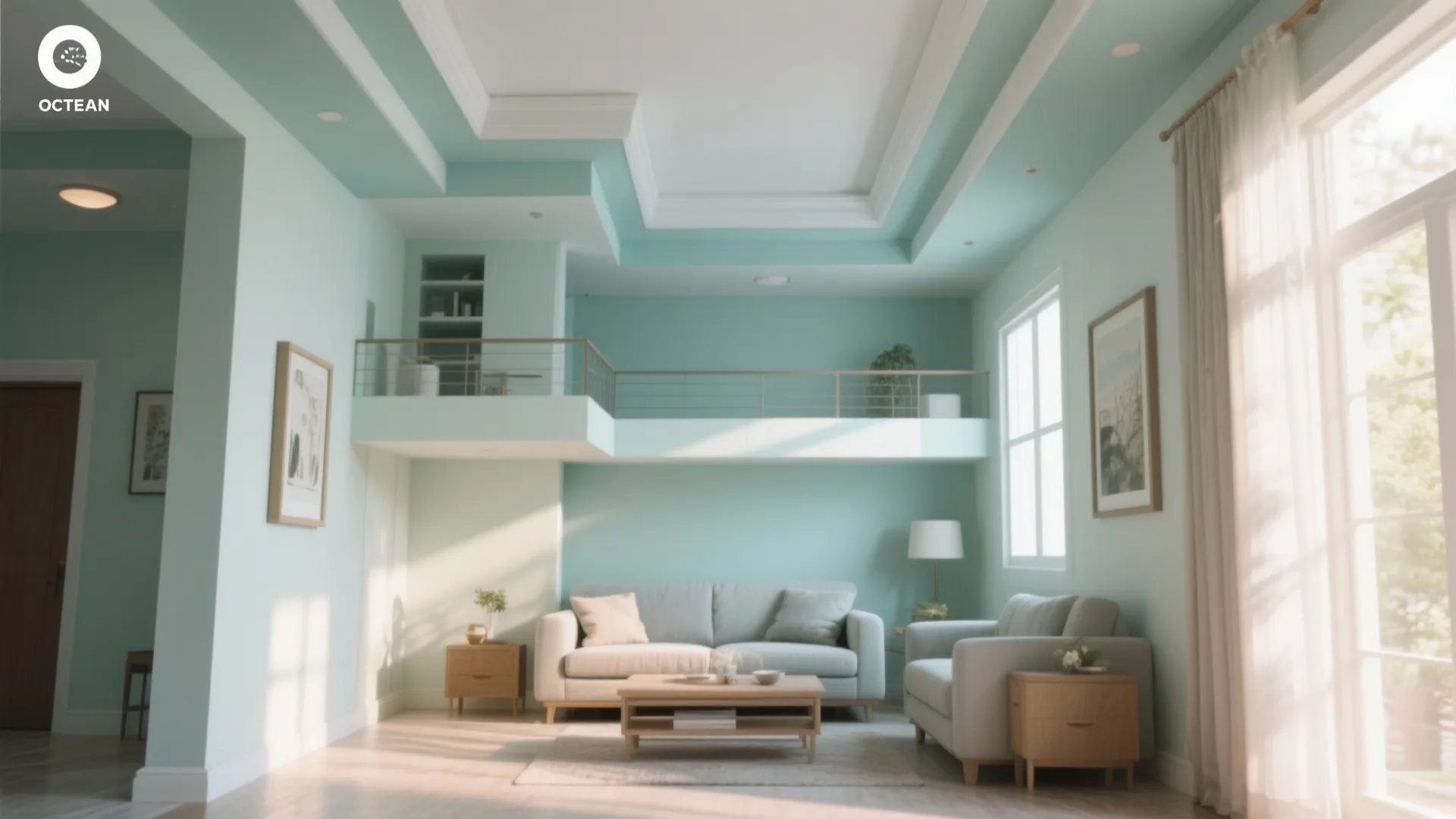 Bright light blue living room with a white layered ceiling design and soft grey sofas