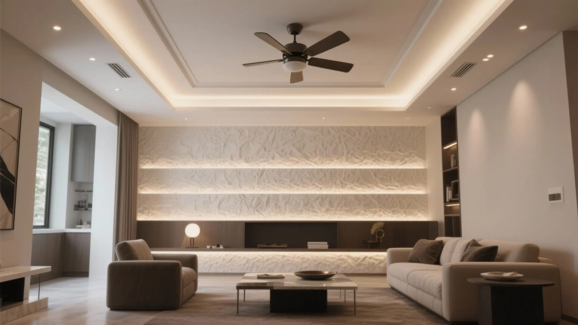 Layered Gypsum Ceiling with Recessed Fan