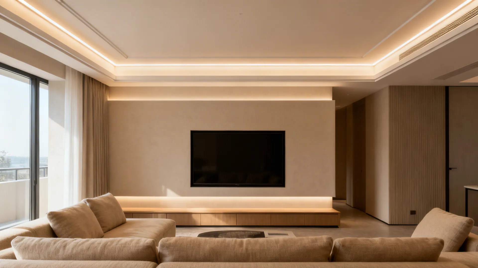 Layered gypsum ceiling with warm cove lighting softly illuminating a modern Indian living room.