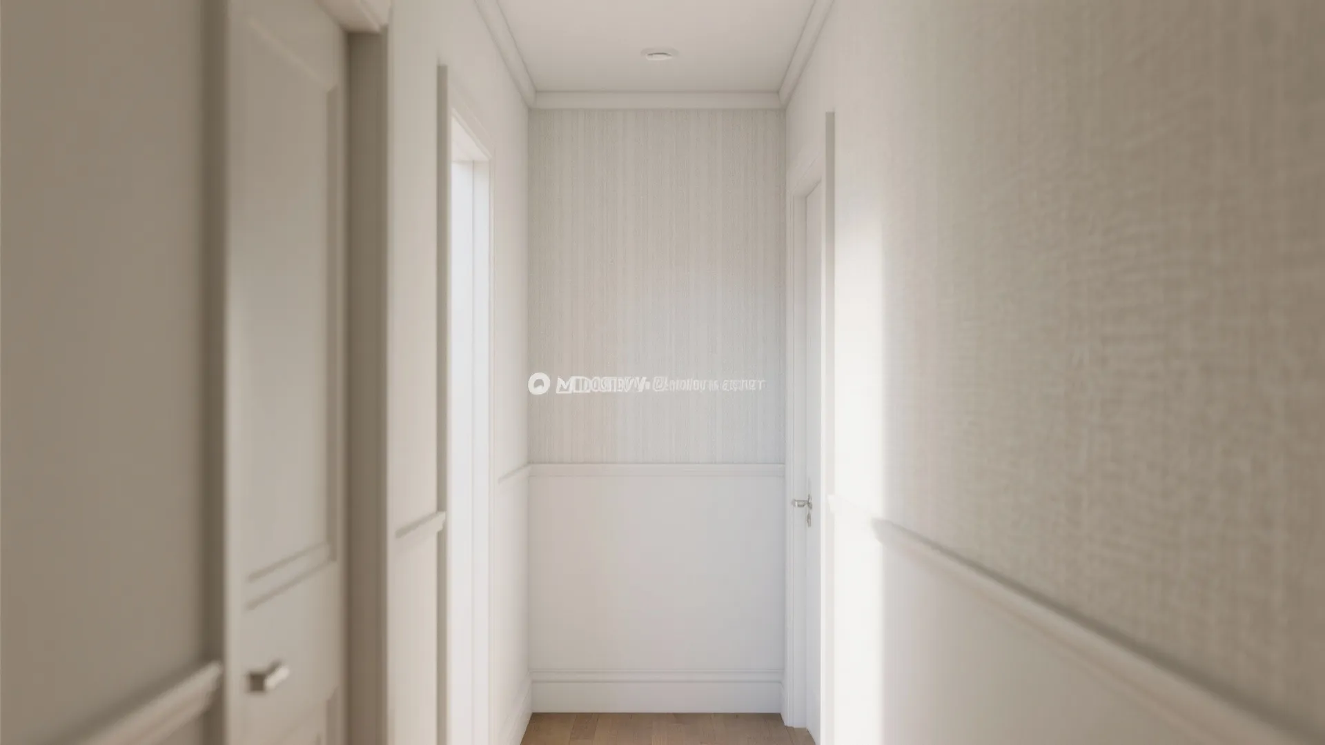 Compact hallway with layered white wallpapers creating a subtle horizon line under soft daylight.