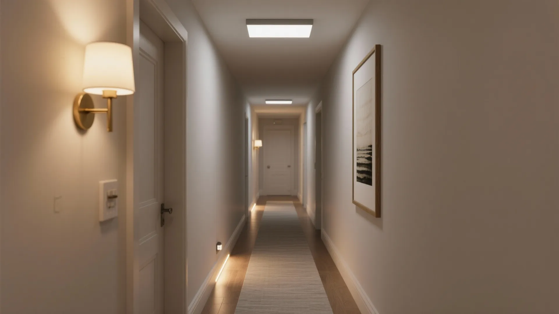 Light-Layered Hallway: Ceiling, Wall, and Floor Glow