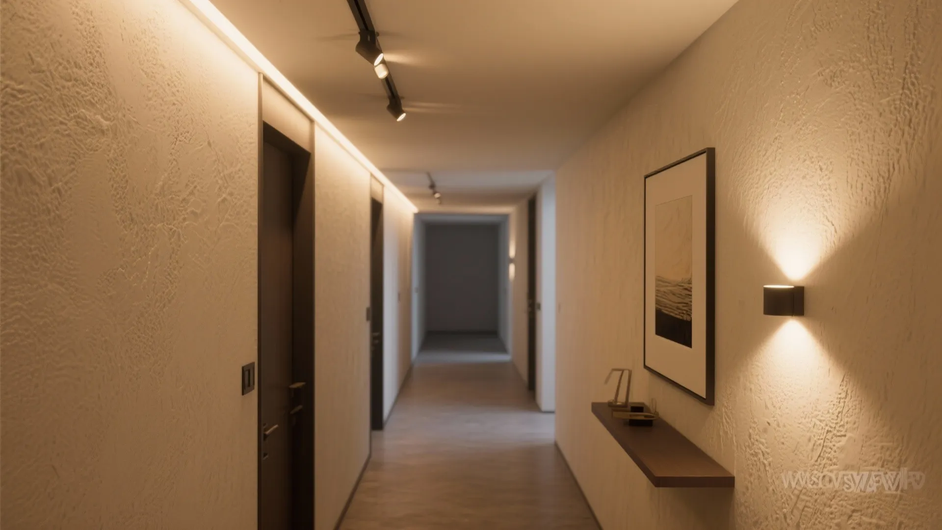 Layered lighting: cove, wall washers, and task spots