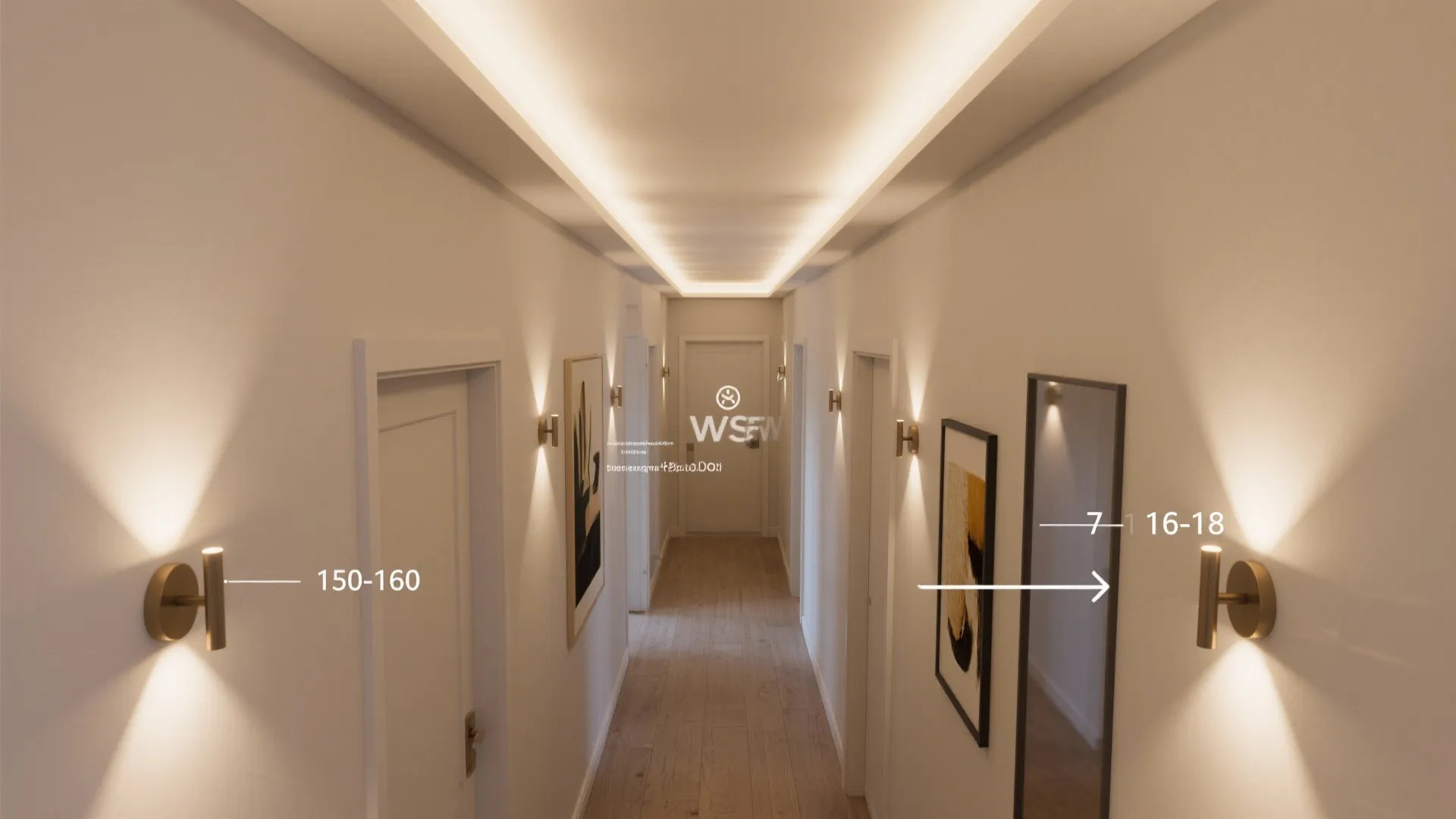Modern narrow hallway with warm ceiling light gold wall lights white doors and wooden flooring