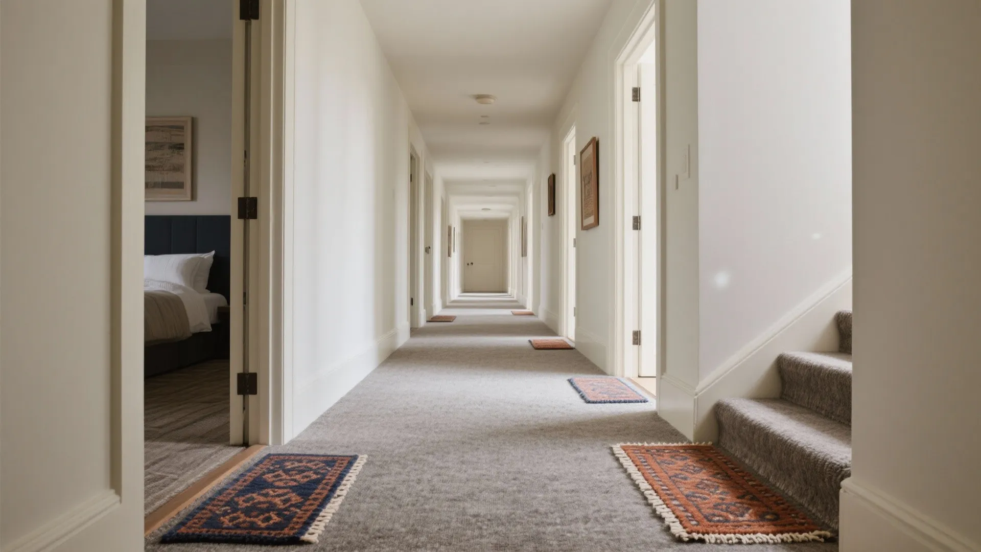 5) Layered Texture: Wool Base + Patterned Stair and Doorway Accents