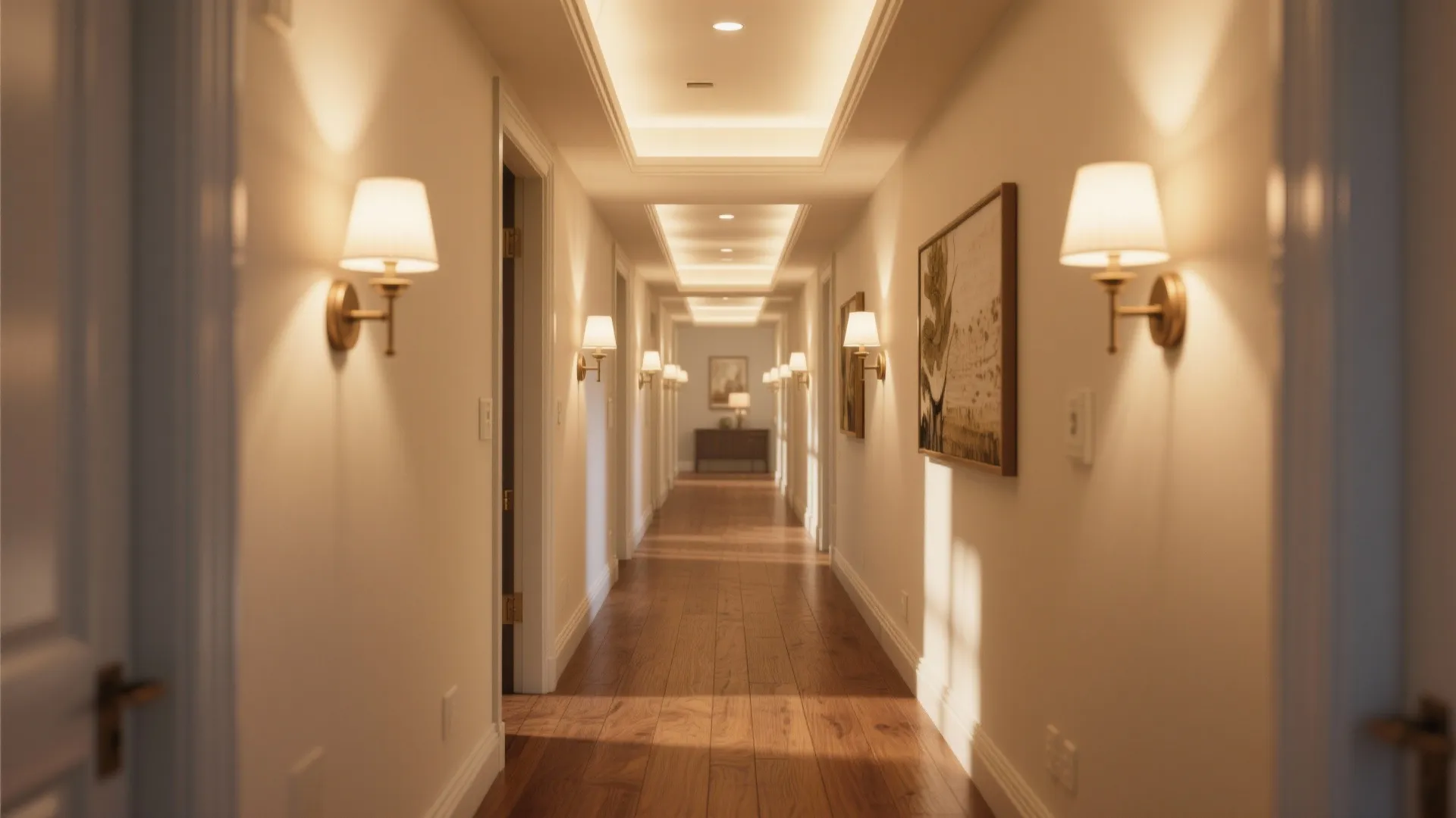 Long hallway featuring multiple wall lights and ceiling lights over dark wood flooring with art