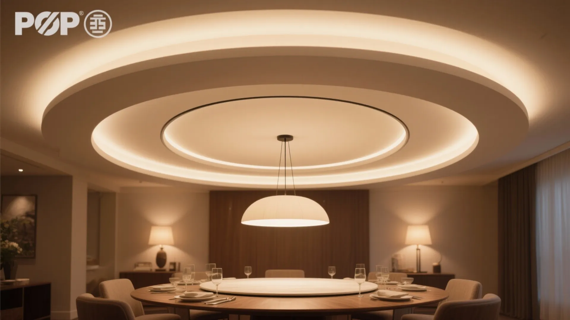 Elegant large round dining table with a dome light fixture and glowing circular ceiling panels