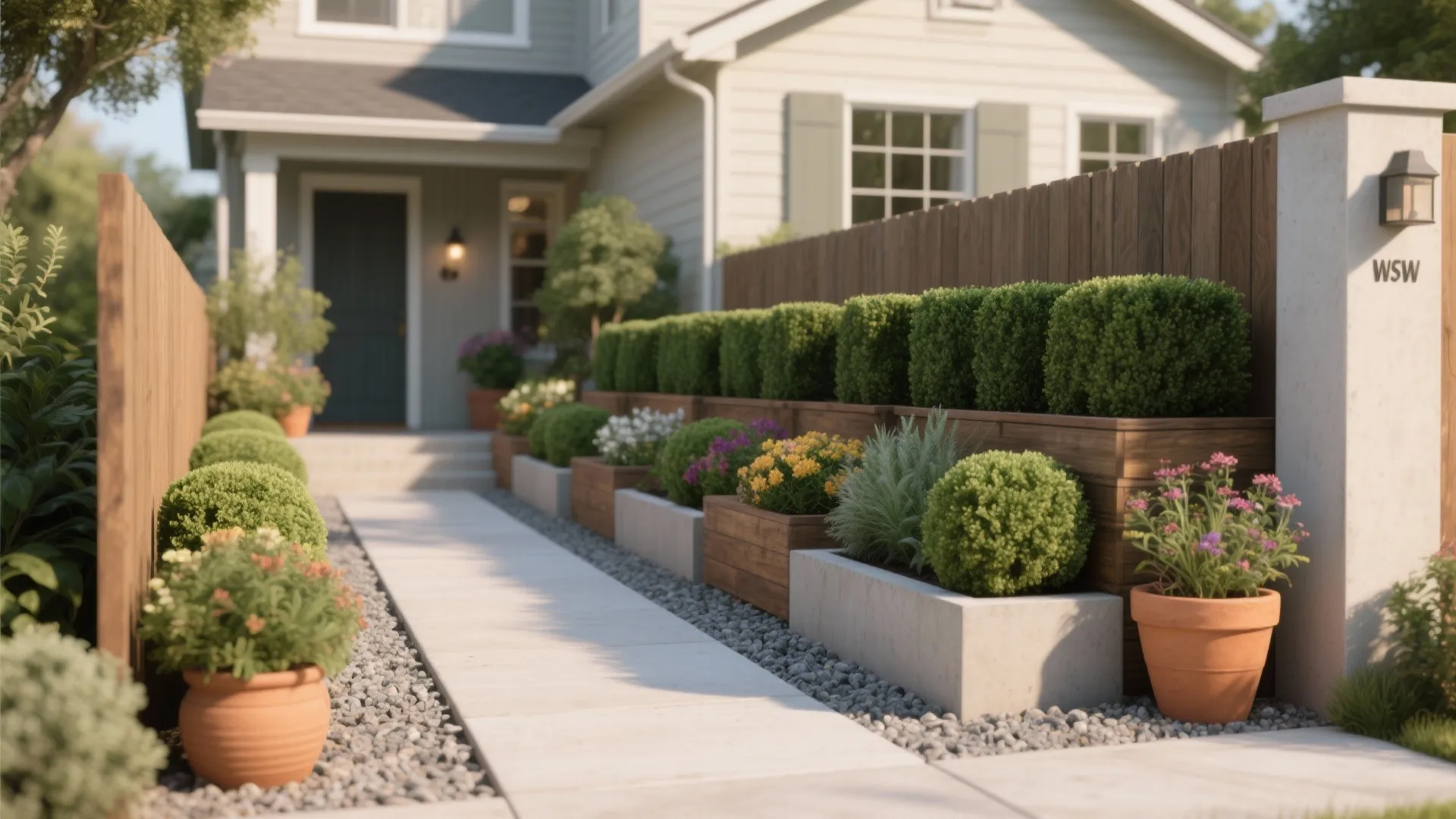 Front yard walkway with layered wooden planters and green bushes leading to a modern family home
