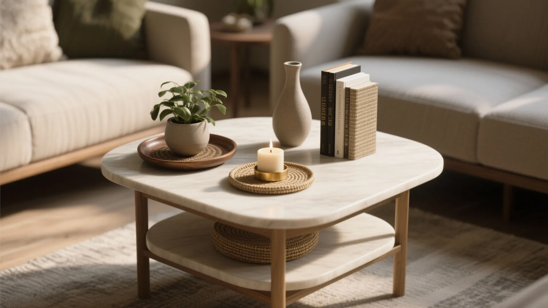 Modern marble coffee table with small plant candle books and vase in a cozy living room