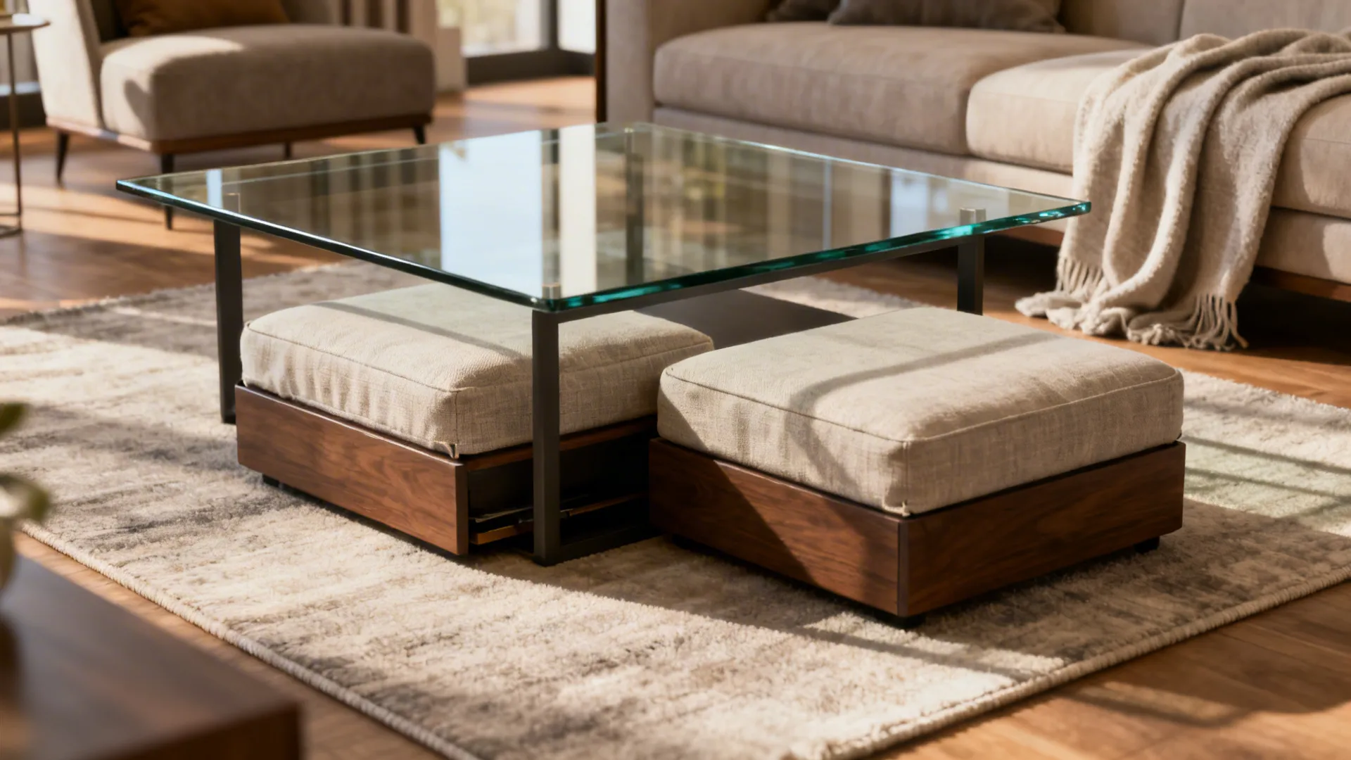 Glass coffee table paired with low ottomans tucked beneath in a compact living room