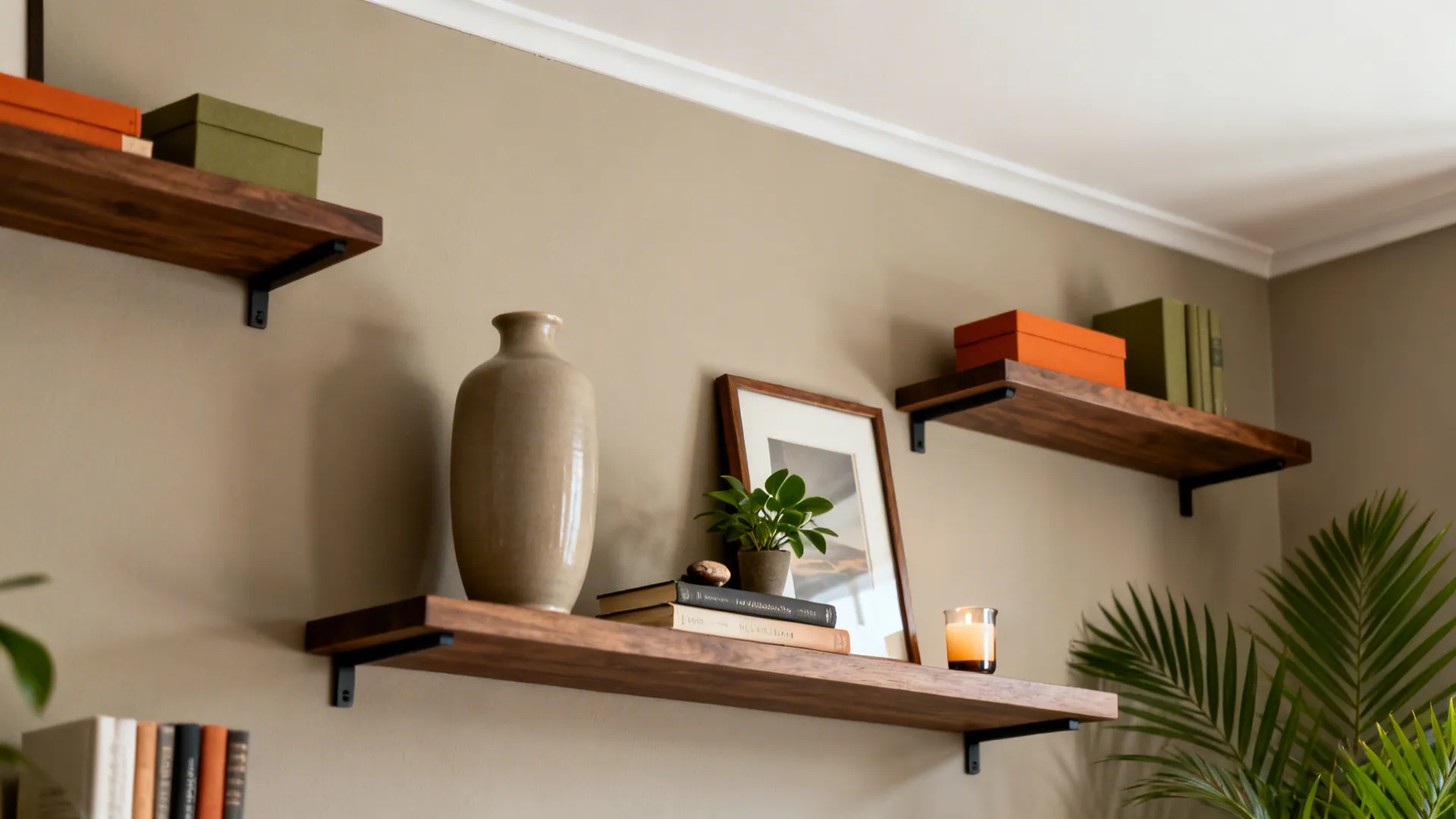 Floating shelves styled with tall, medium, and small objects creating visual rhythm on a greige wall.