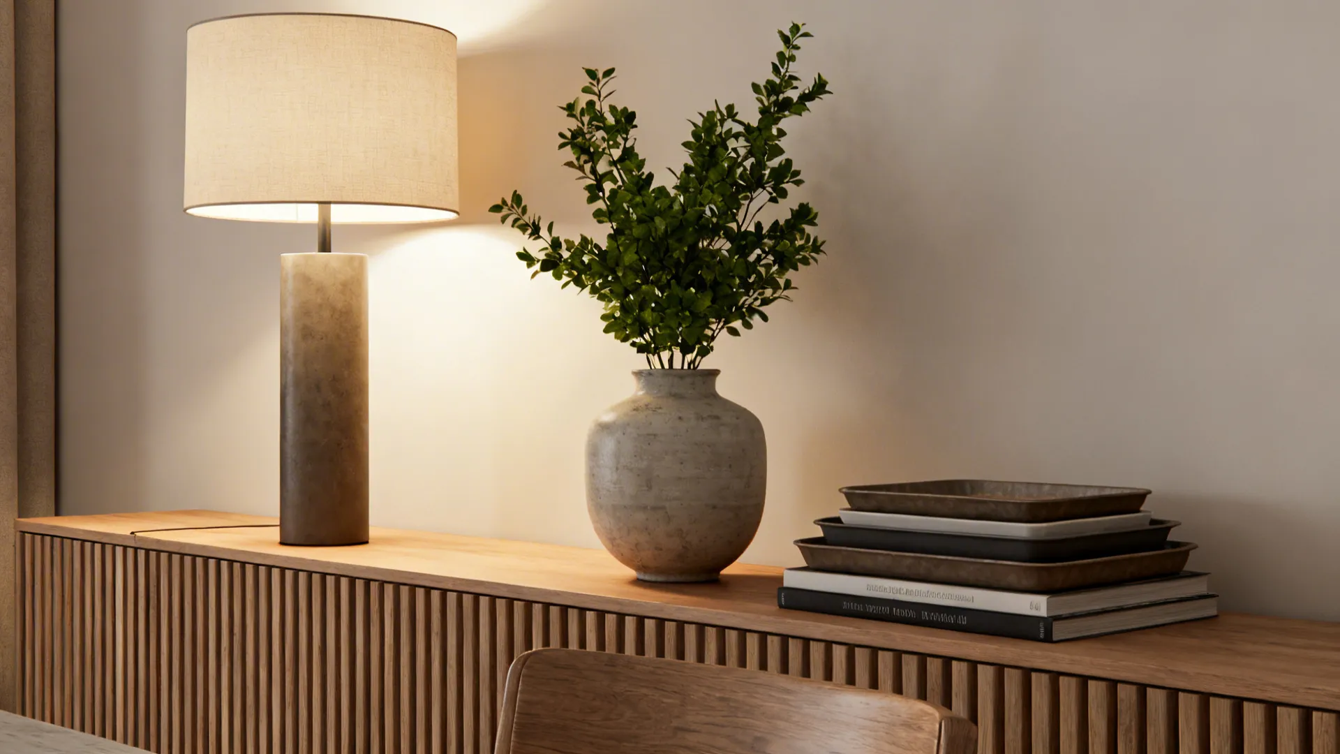 Buffet styled with layered heights: lamp, vase with greenery, and low trays for visual interest