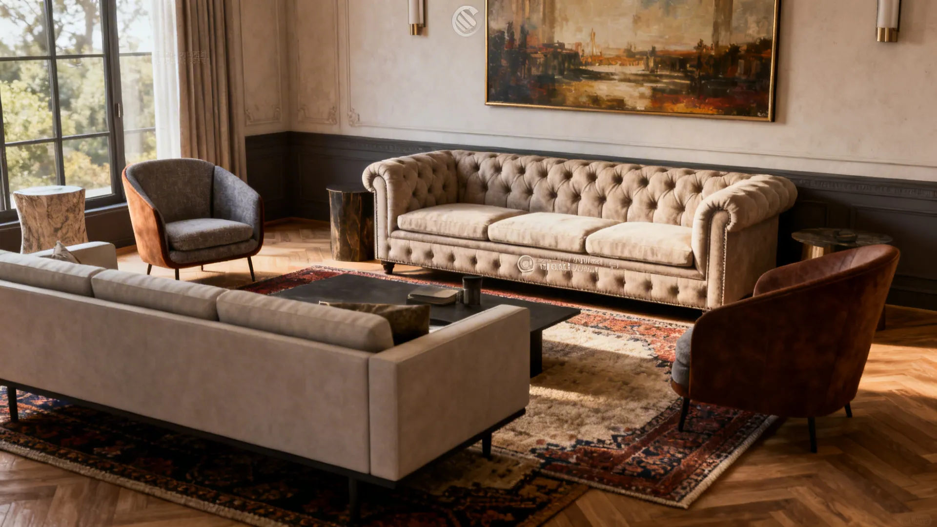 Layered seating heights with a low modern sofa and taller tufted sofa, varied chair silhouettes and textured rugs.