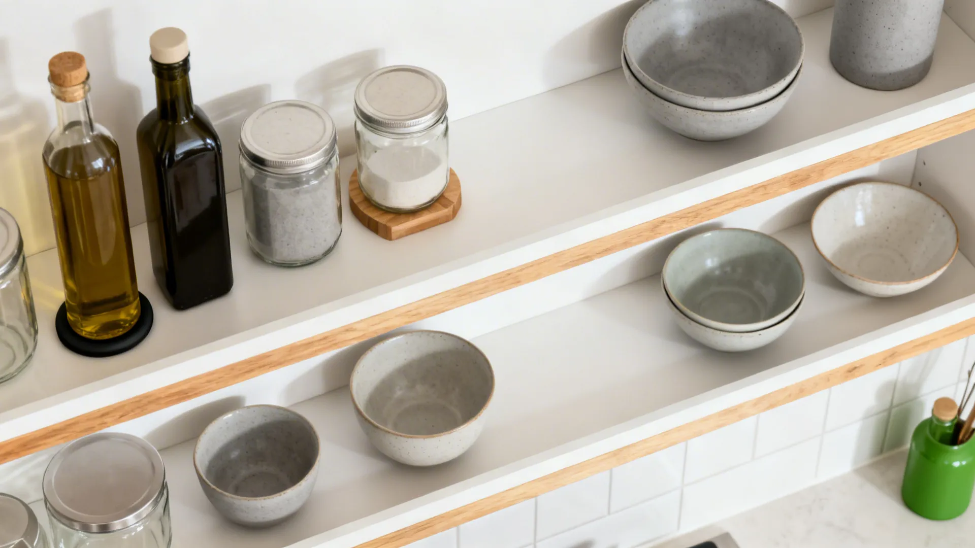 Top-down view of shelves arranged with tall bottles, mid jars, and low bowls with breathing room.