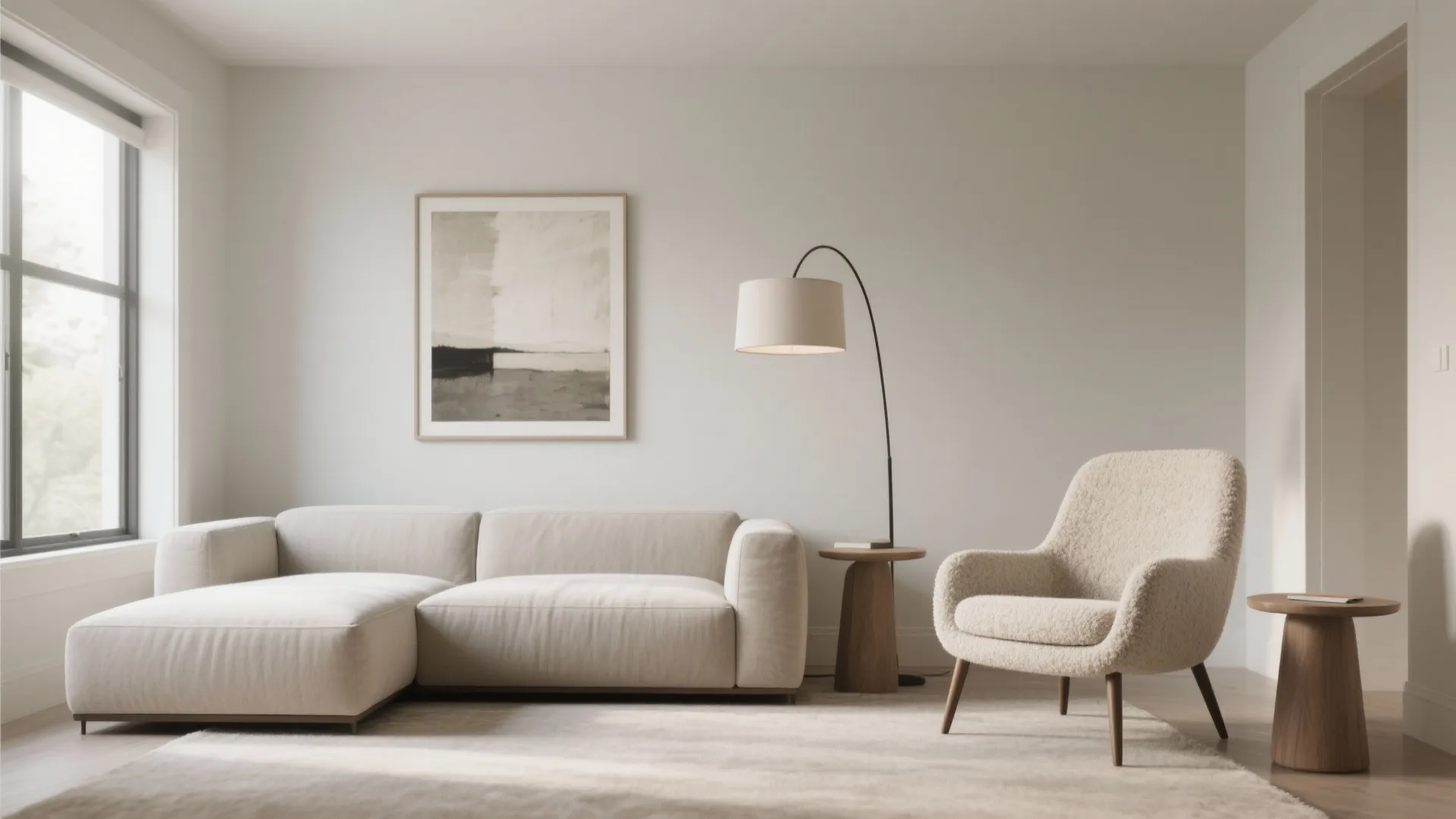 Low-profile sofa + tall-back chair for layered heights