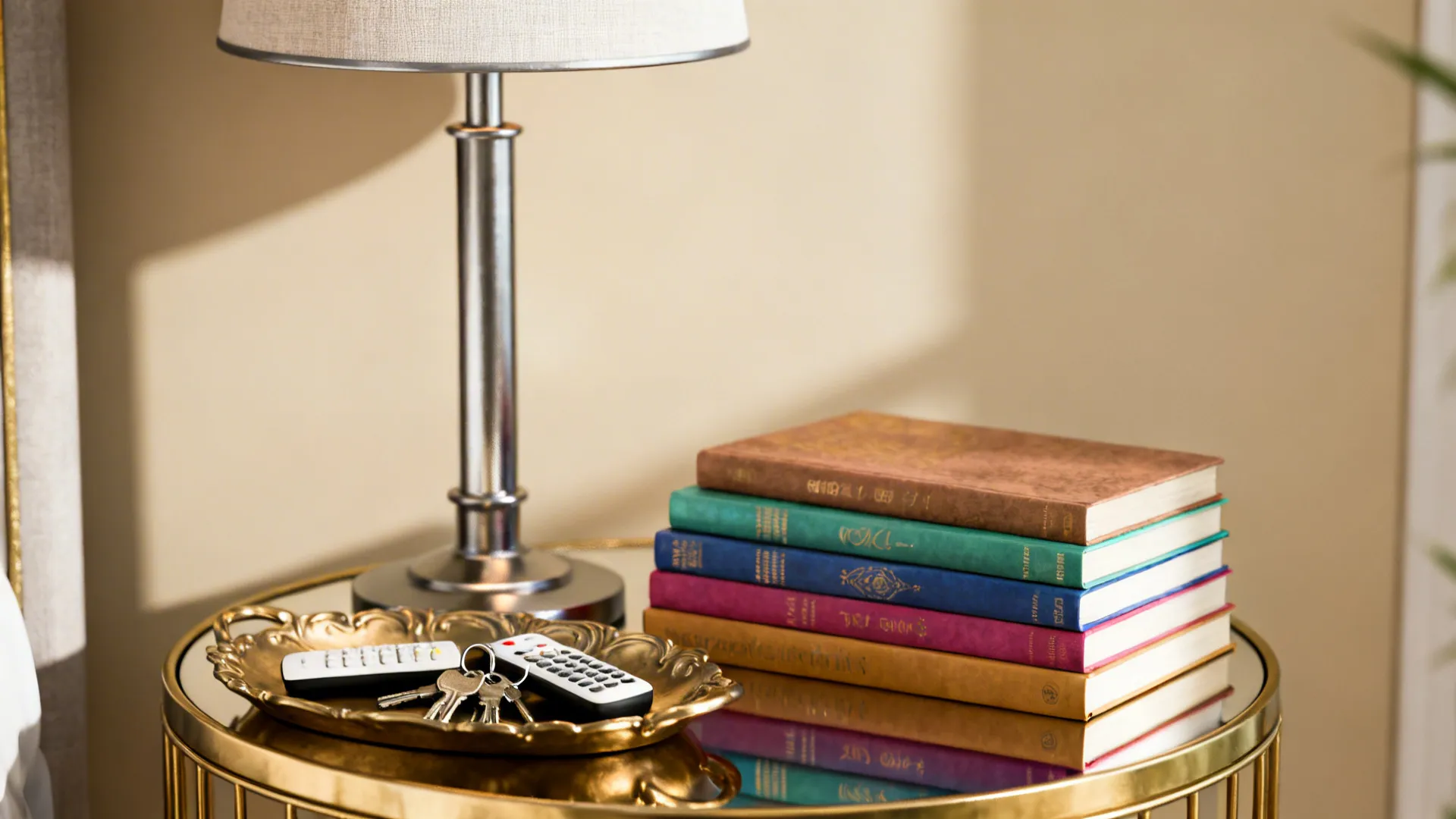 Close-up of a side table showing a lamp, tray with small items, and a neat stack of books.