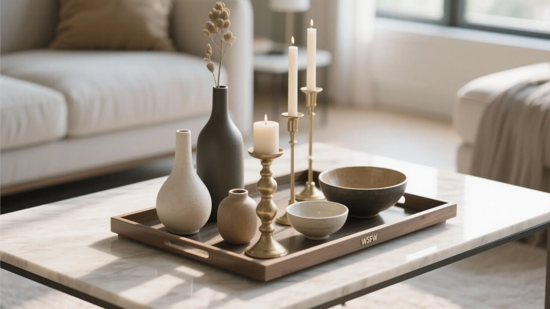 Wooden tray on marble table with ceramic vases, bowls, and lit candles in gold holders