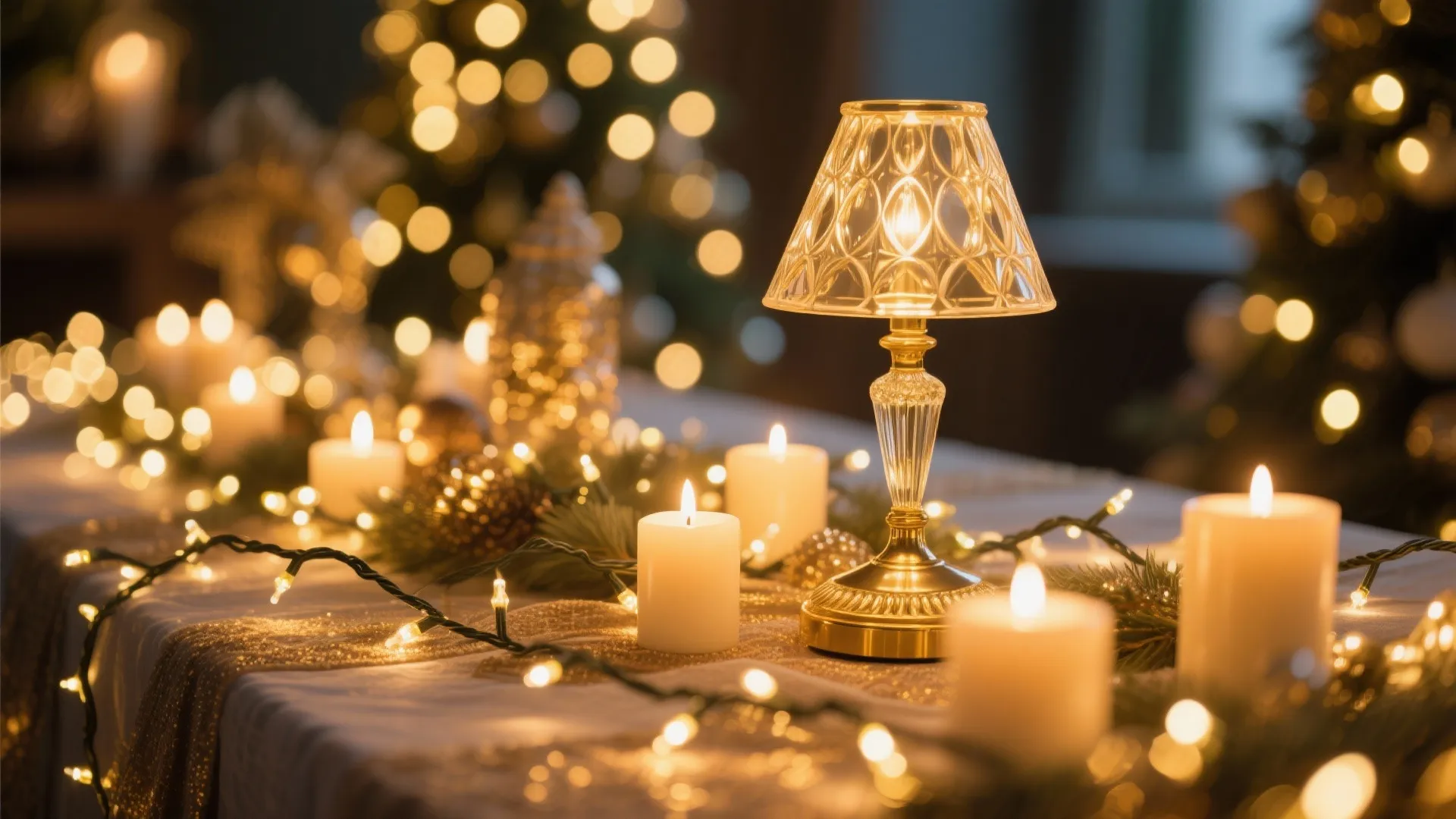 Close-up of candles, fairy lights, and lamp creating holiday glow