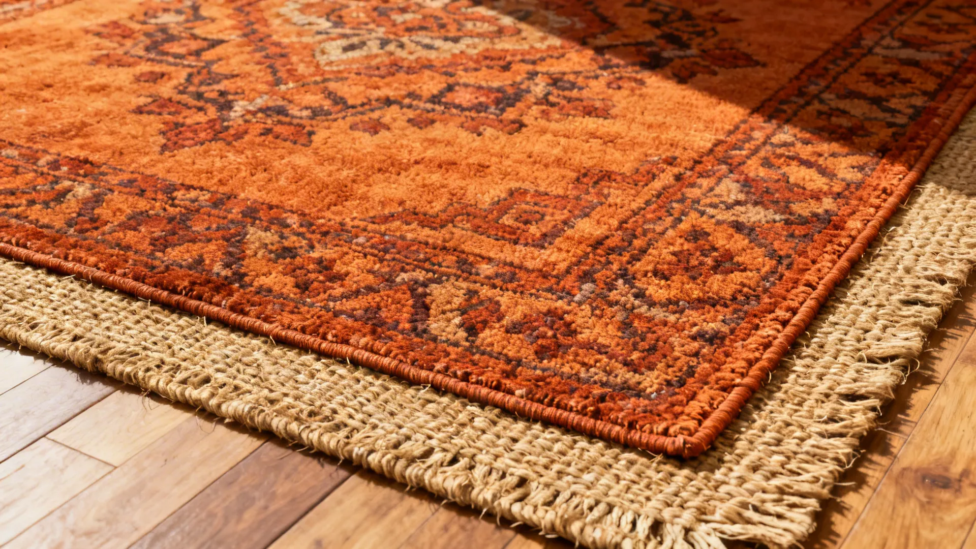 Top-down view of a patterned burnt orange rug layered over a natural jute base showing texture and overlap.
