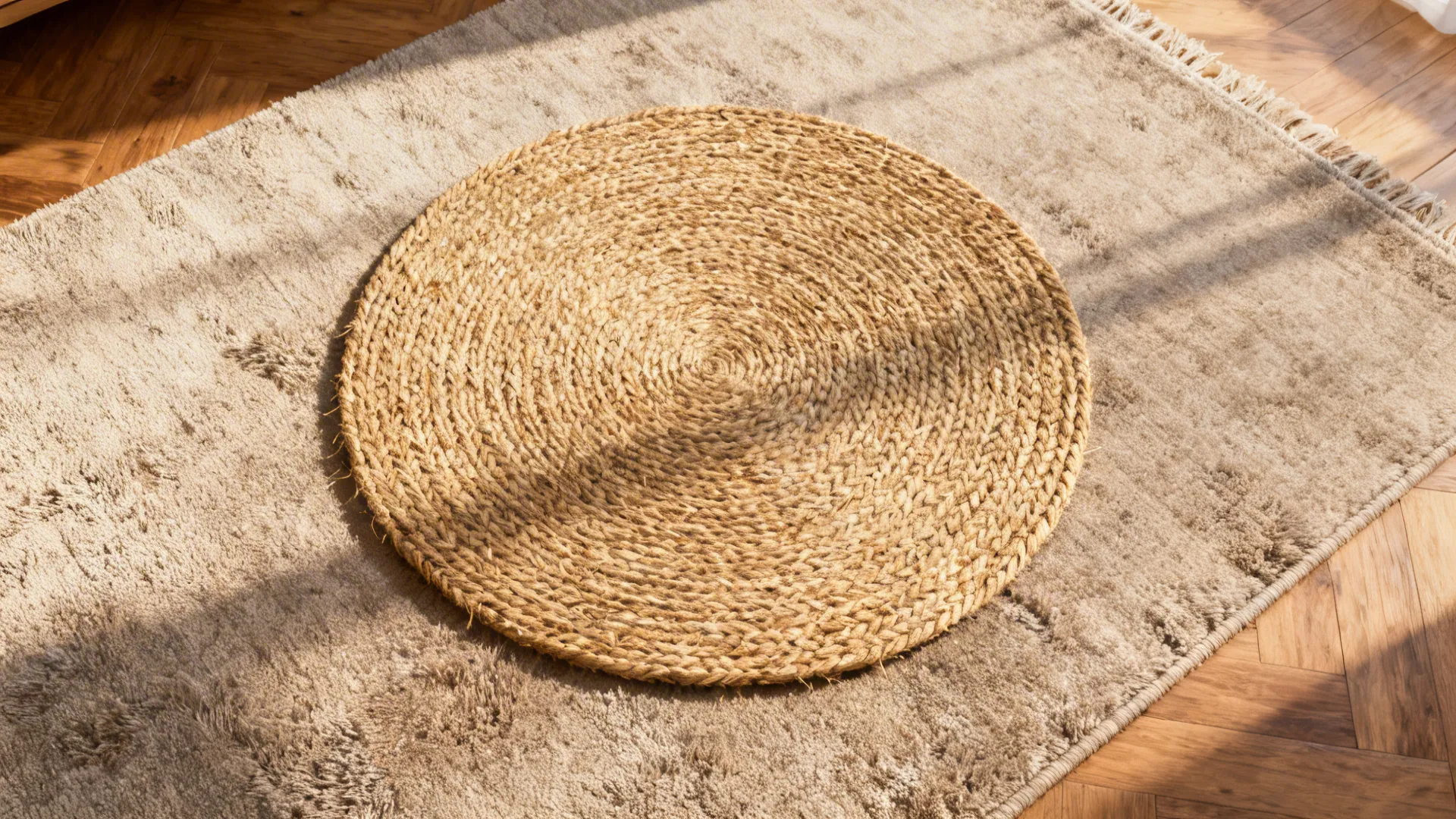 Top-down view of a small jute rug layered over a larger neutral rug on wood floor.