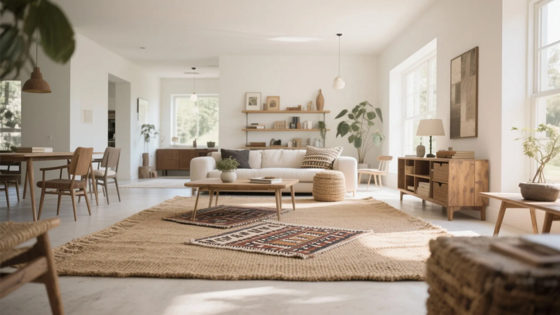 Large open plan living area with jute rug white sofa wooden dining table and shelf unit