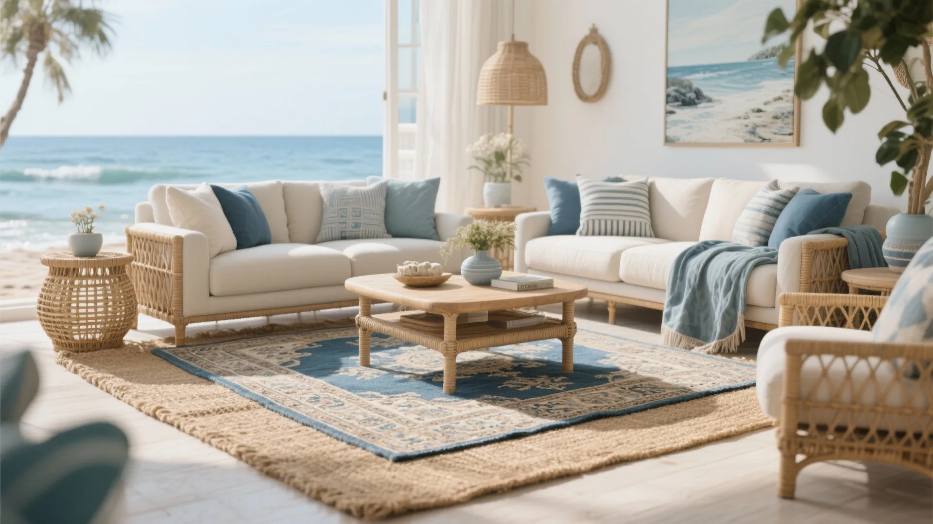 Persian rug layered over jute rug in a beach-inspired living room