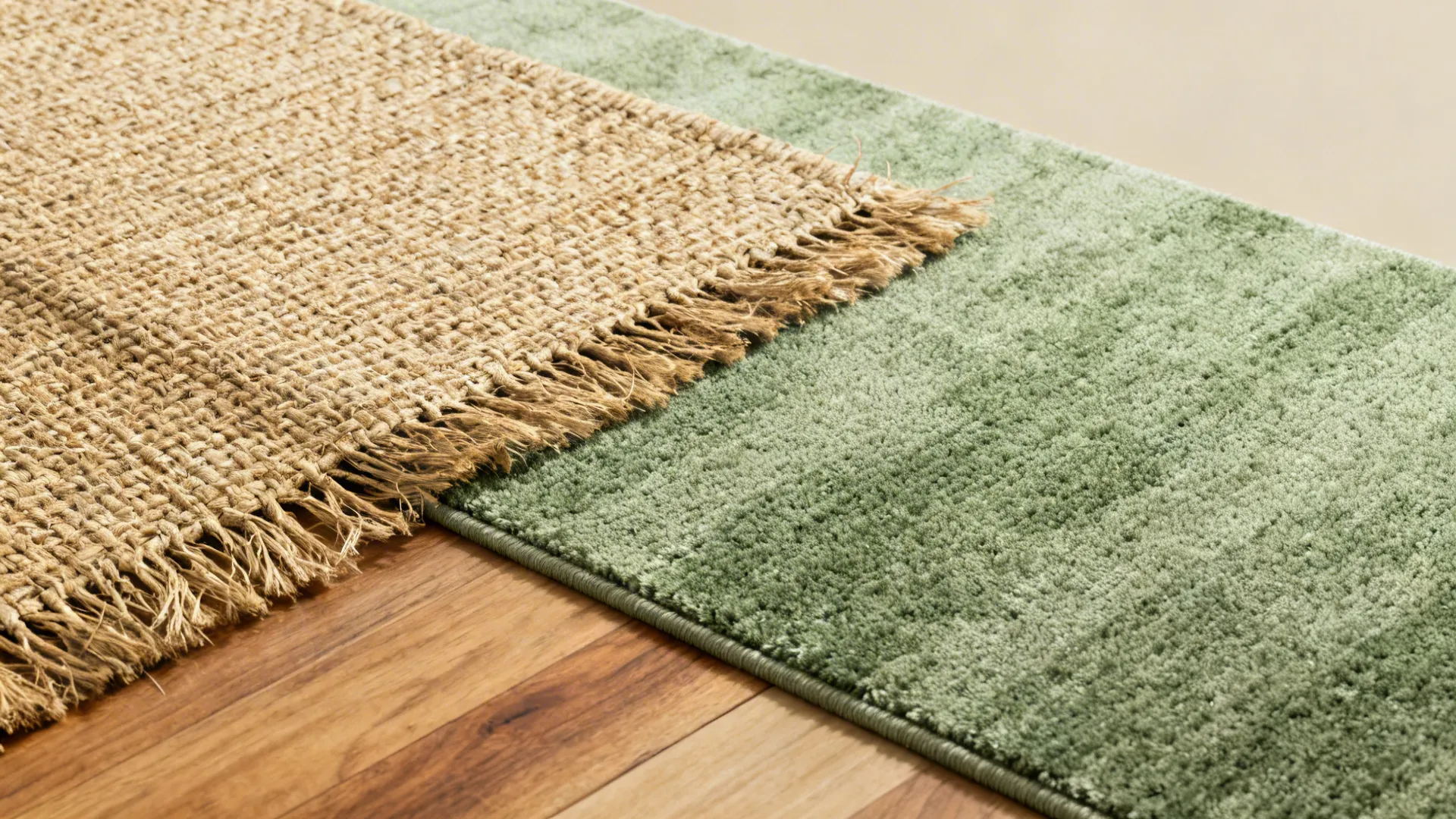 Layered rugs on wood floor with a brown jute rug on top of green rug