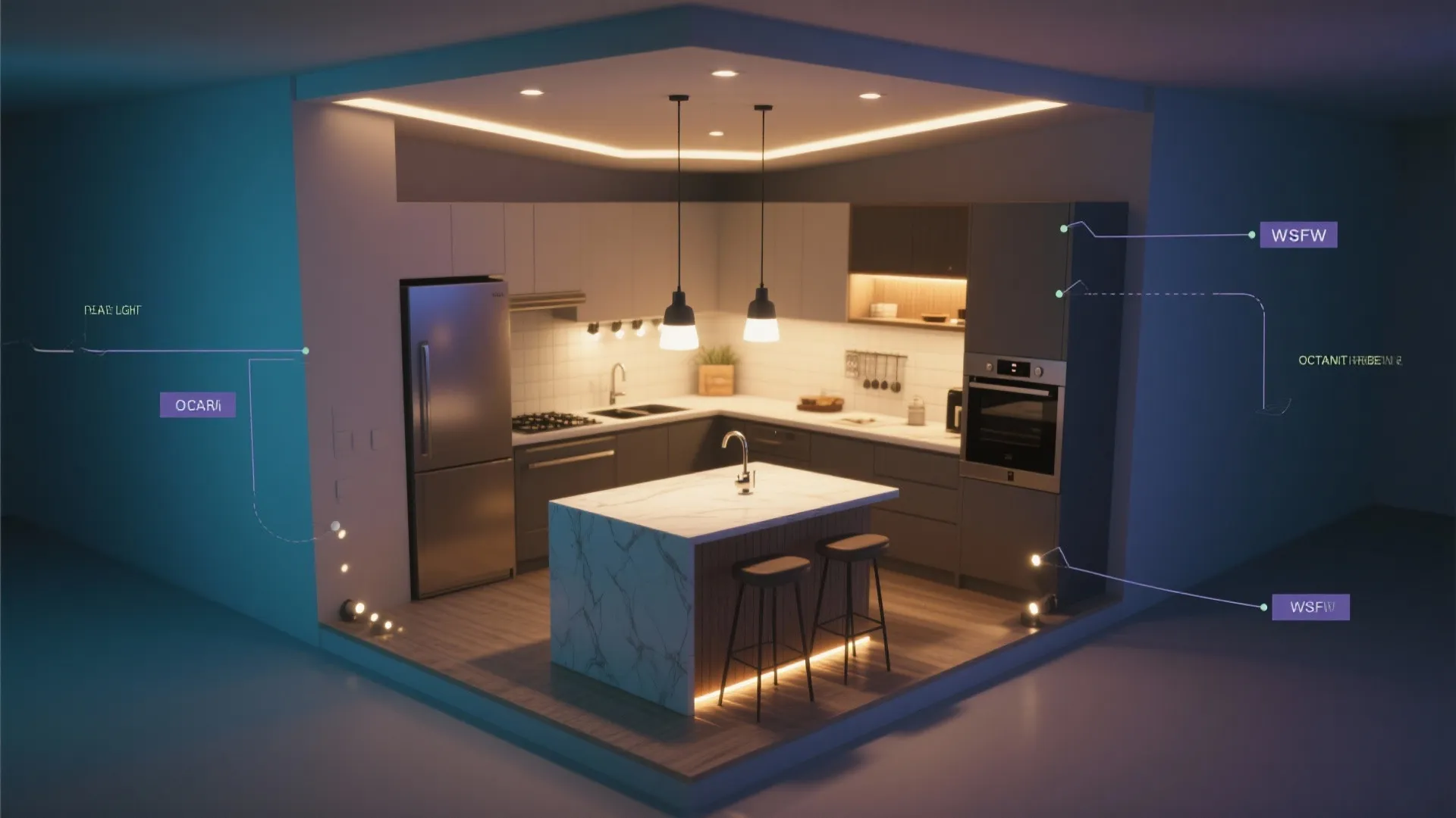 Top-down view of a small kitchen plan illustrating ambient, task, and accent lighting zones.