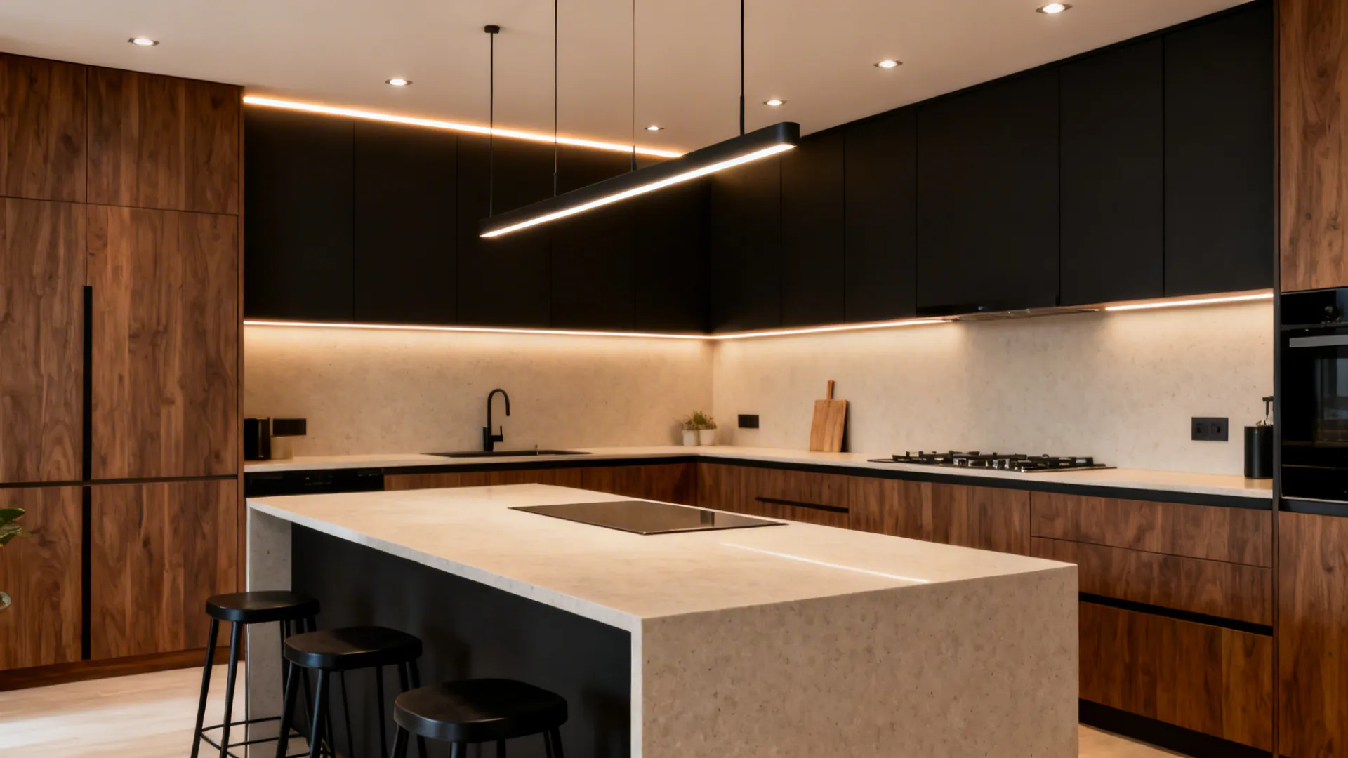 3) Layered Light: Pendants + Recessed + Strip (The Real-World Workhorse)