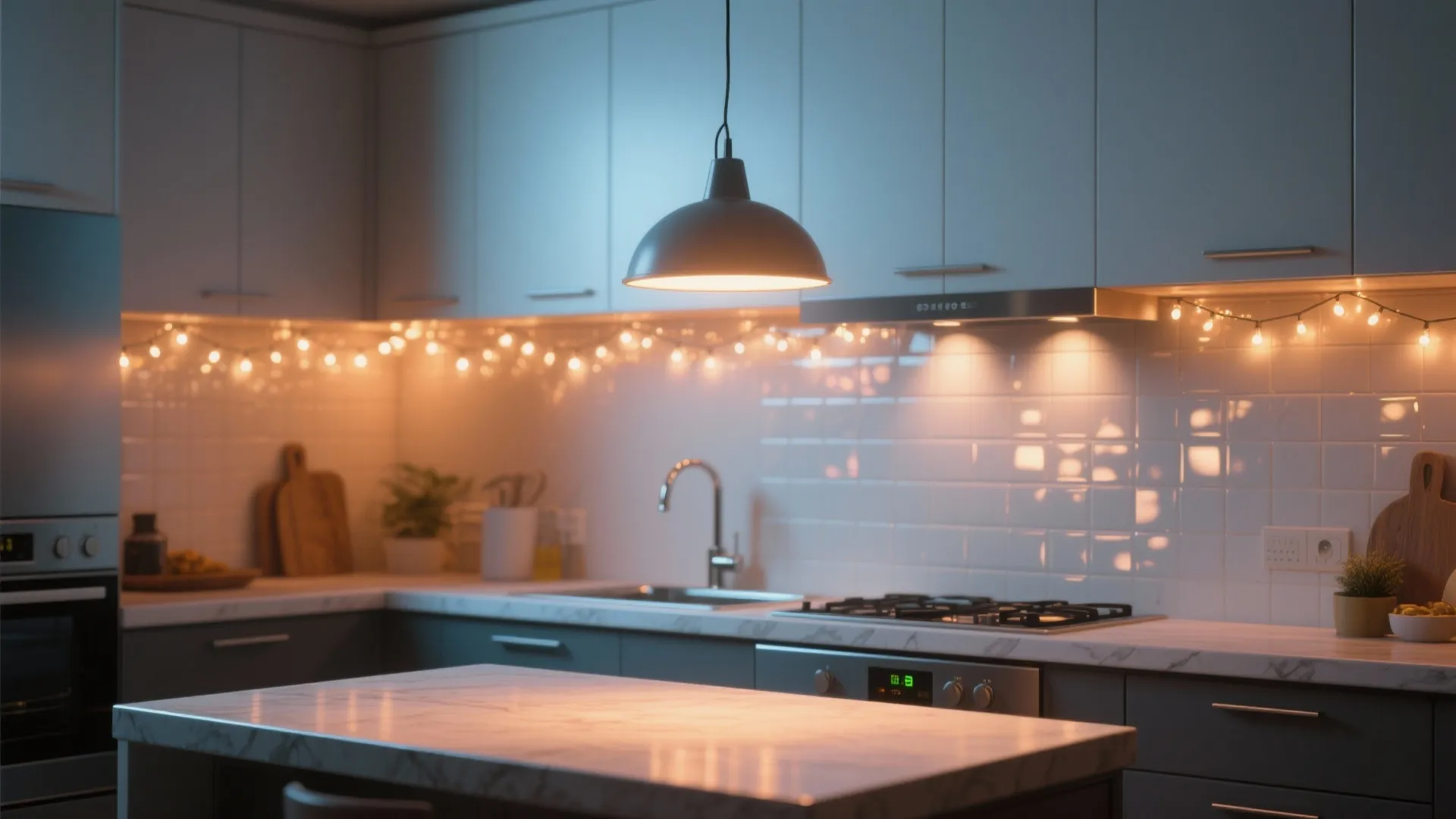 Modern kitchen with warm string lights under white cabinets and a large grey ceiling light
