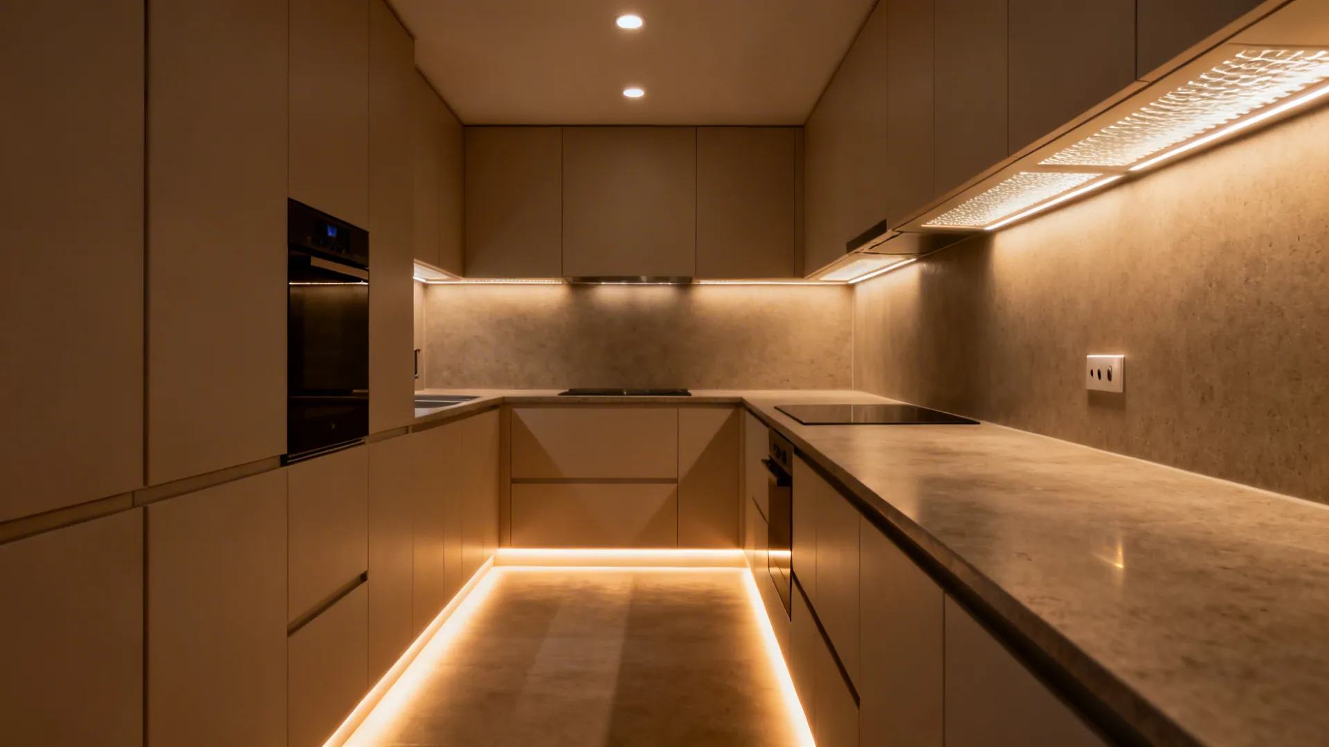 Compact kitchen with ambient, under-cabinet, and toe-kick LED lighting creating low-glare illumination.