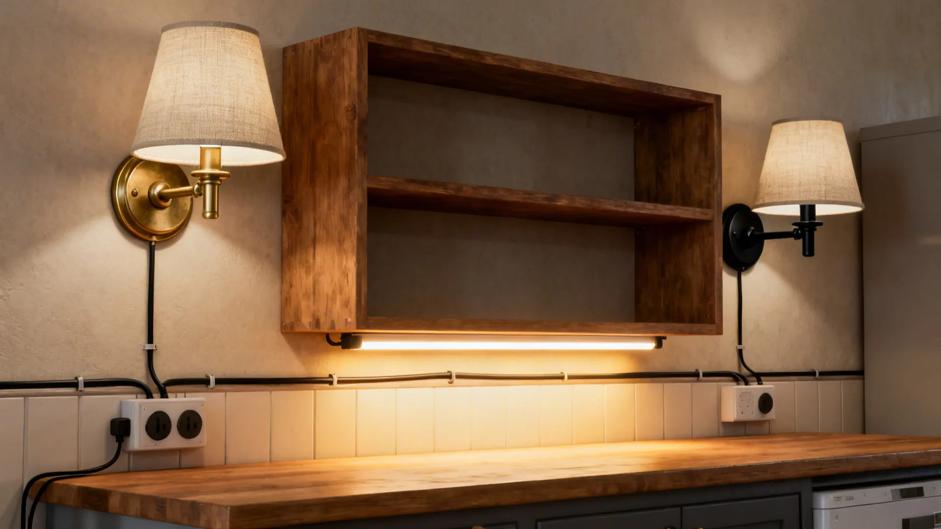 Small kitchen with plug-in sconces and warm LED under-shelf lighting creating a cozy, functional workspace.