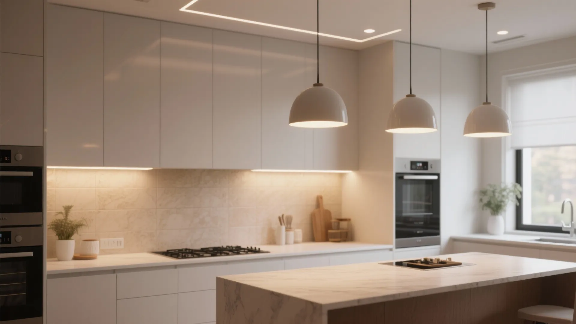 Modern white kitchen featuring three hanging ceiling lights over a marble island with warm under-cabinet lighting