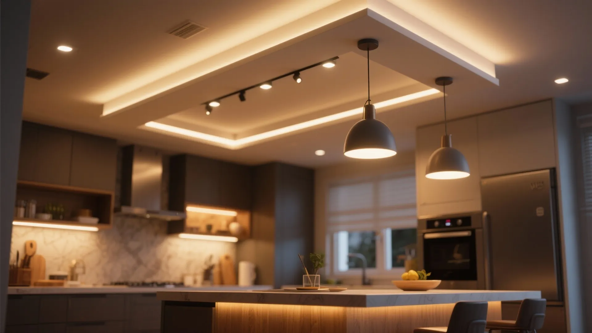 Warm kitchen lighting with two hanging ceiling lights and hidden light strips under the island counter