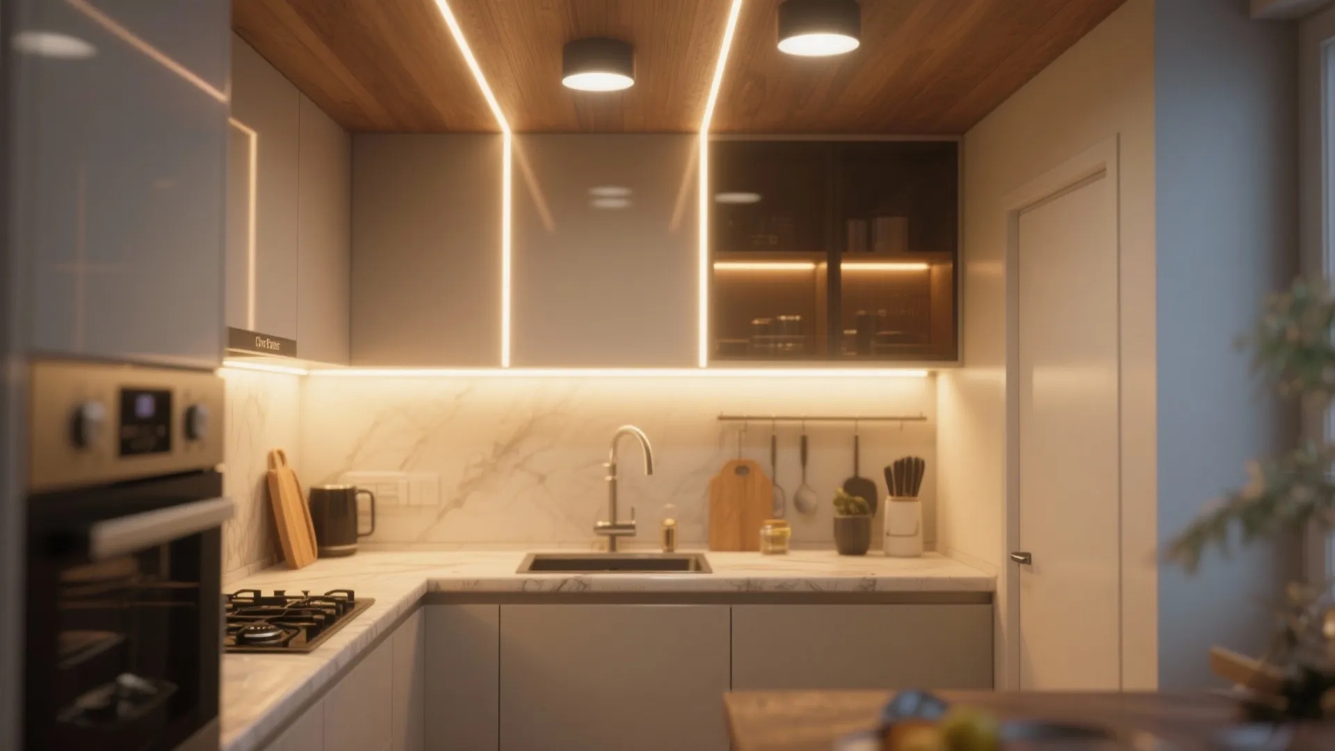 Small kitchen with warm strip lights under cabinets and round black ceiling light fixtures above sink