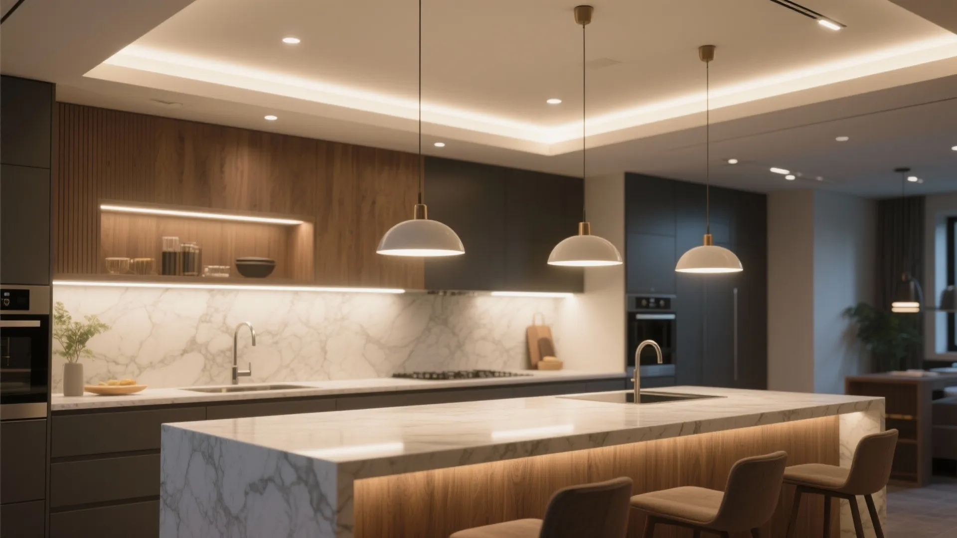 Modern kitchen with recessed, under-cabinet, and pendant lighting in harmony