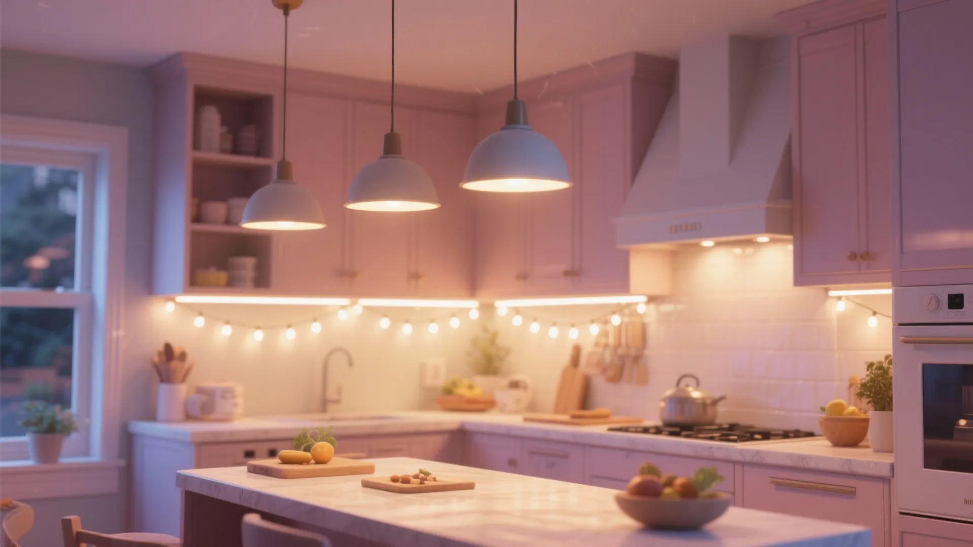 Modern kitchen with pink cabinets three pendant ceiling lights and warm strip lighting on backsplash