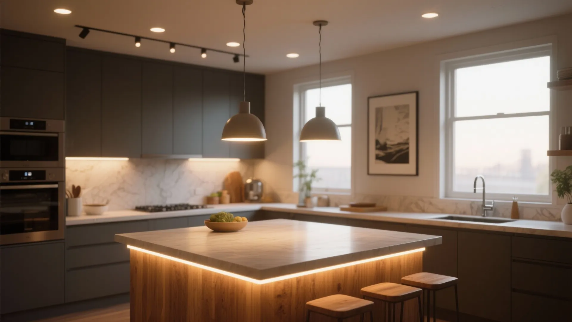 Modern kitchen with island lighting ceiling lights and cabinet lights showing a layered light design