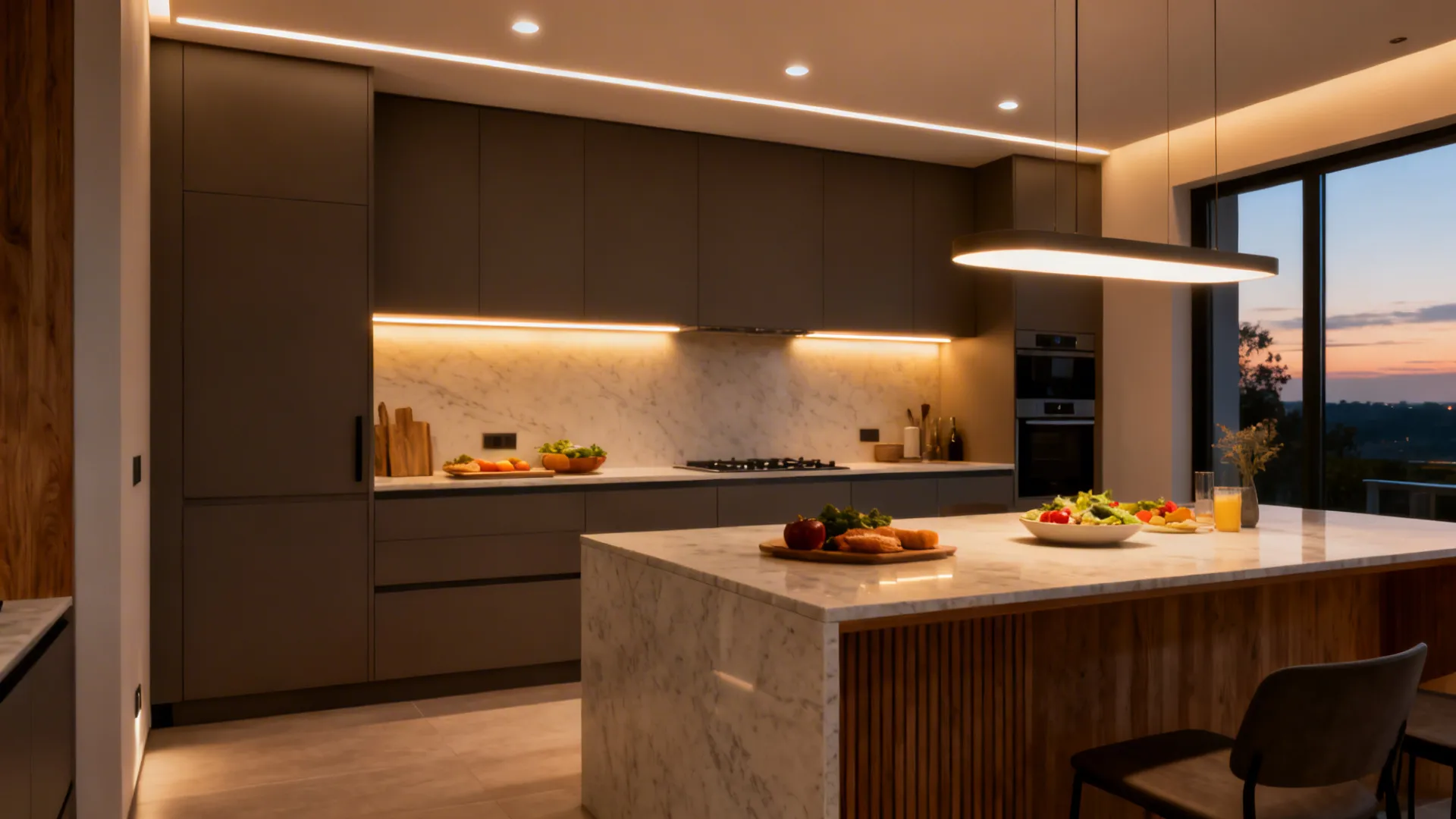 Small modern kitchen at dusk with recessed, under-cabinet, and pendant lighting layers.