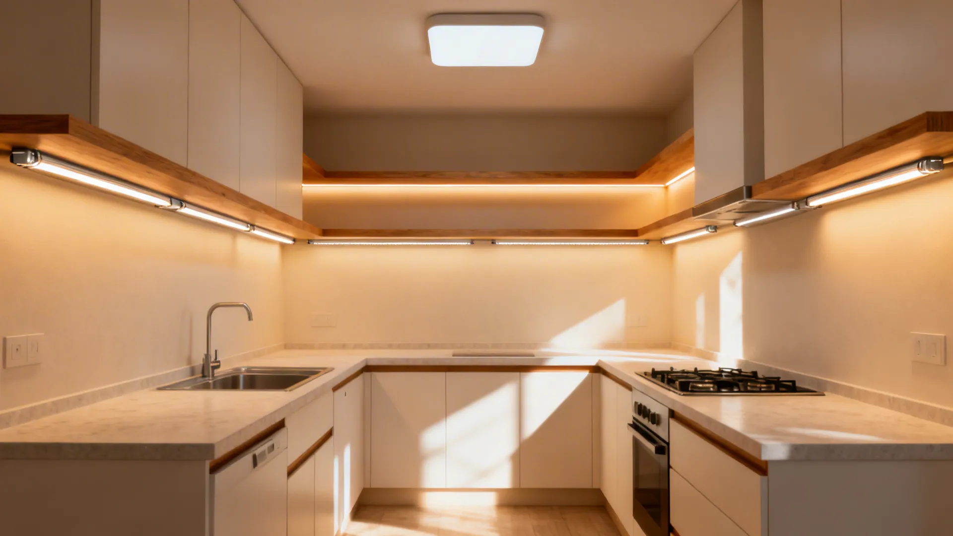 Small kitchen with flush-mount ceiling light, warm under-cabinet LEDs, and accent shelf lighting.
