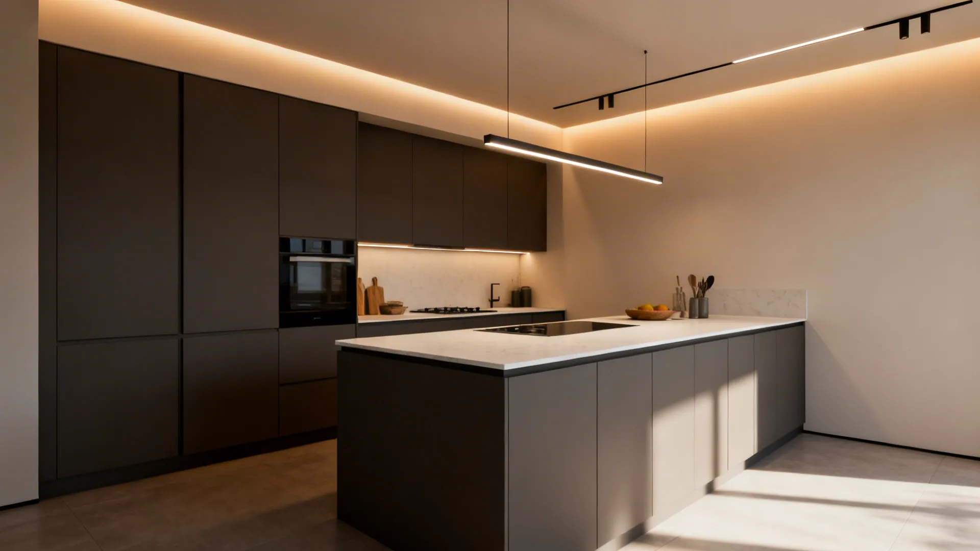 Compact kitchen with linear pendant, under-cabinet LEDs, and a ceiling wall wash for layered lighting.