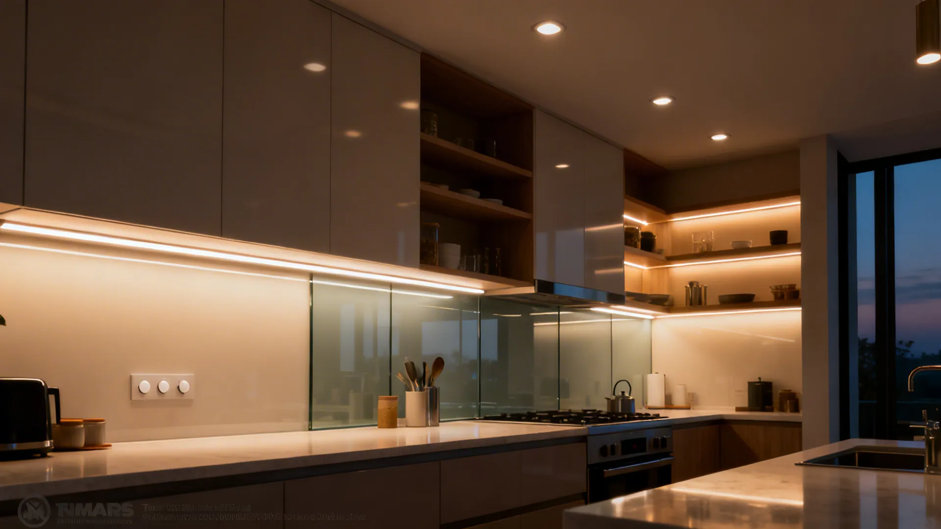 Layered kitchen lighting with diffused undercabinet LEDs and warm ambient ceiling lights.