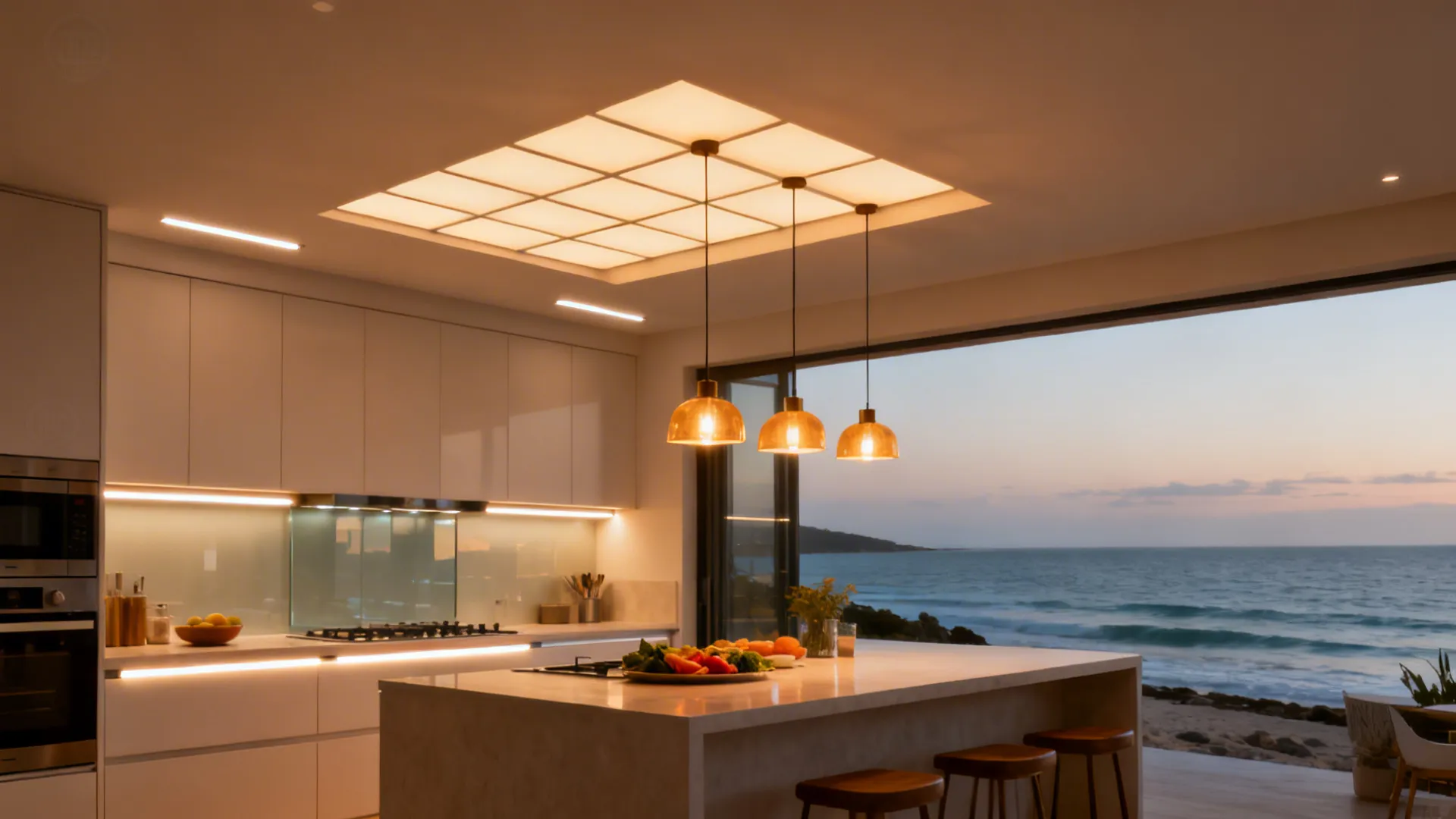 Layered kitchen lighting with under-cabinet LEDs, warm pendants, and a dimmable ceiling grid.