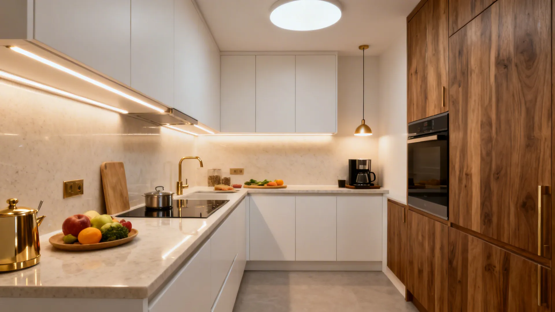 5) Warm lighting layers and reflective accents