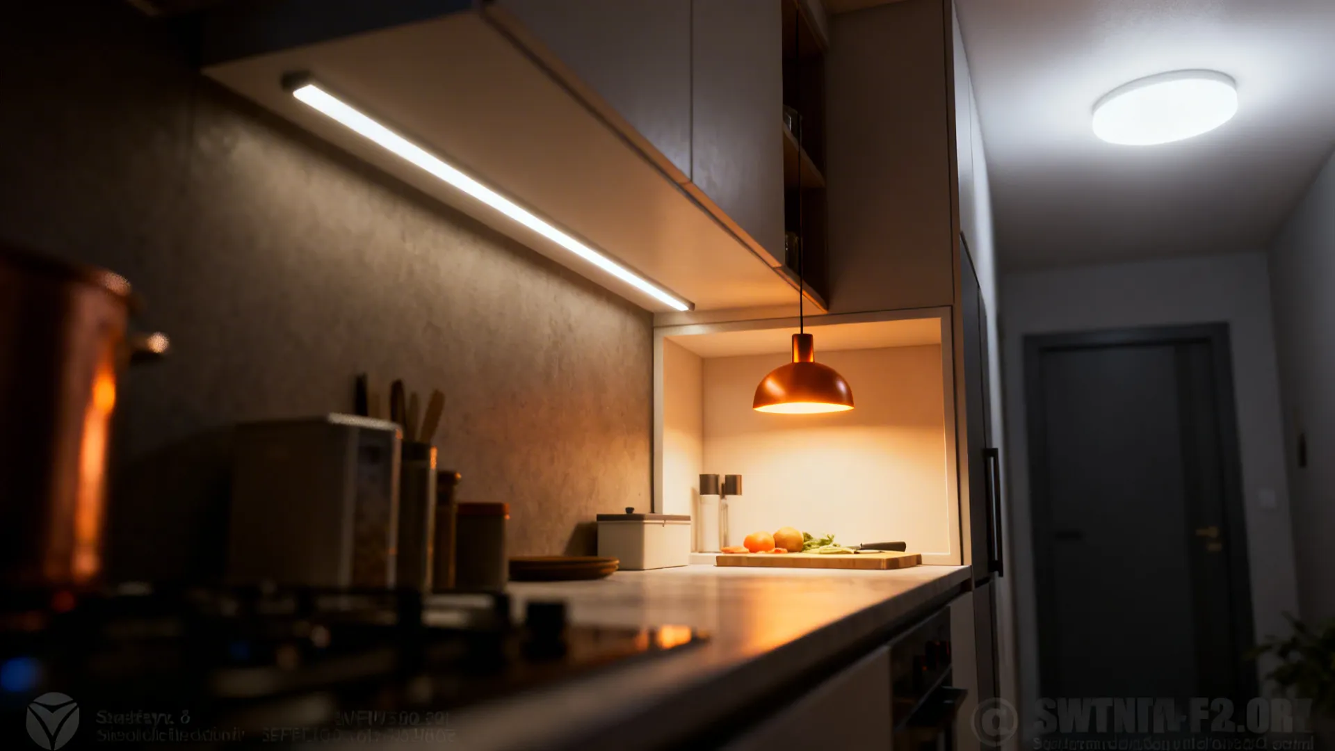 Under-cabinet task lighting and warm pendant creating layered illumination in a small kitchen
